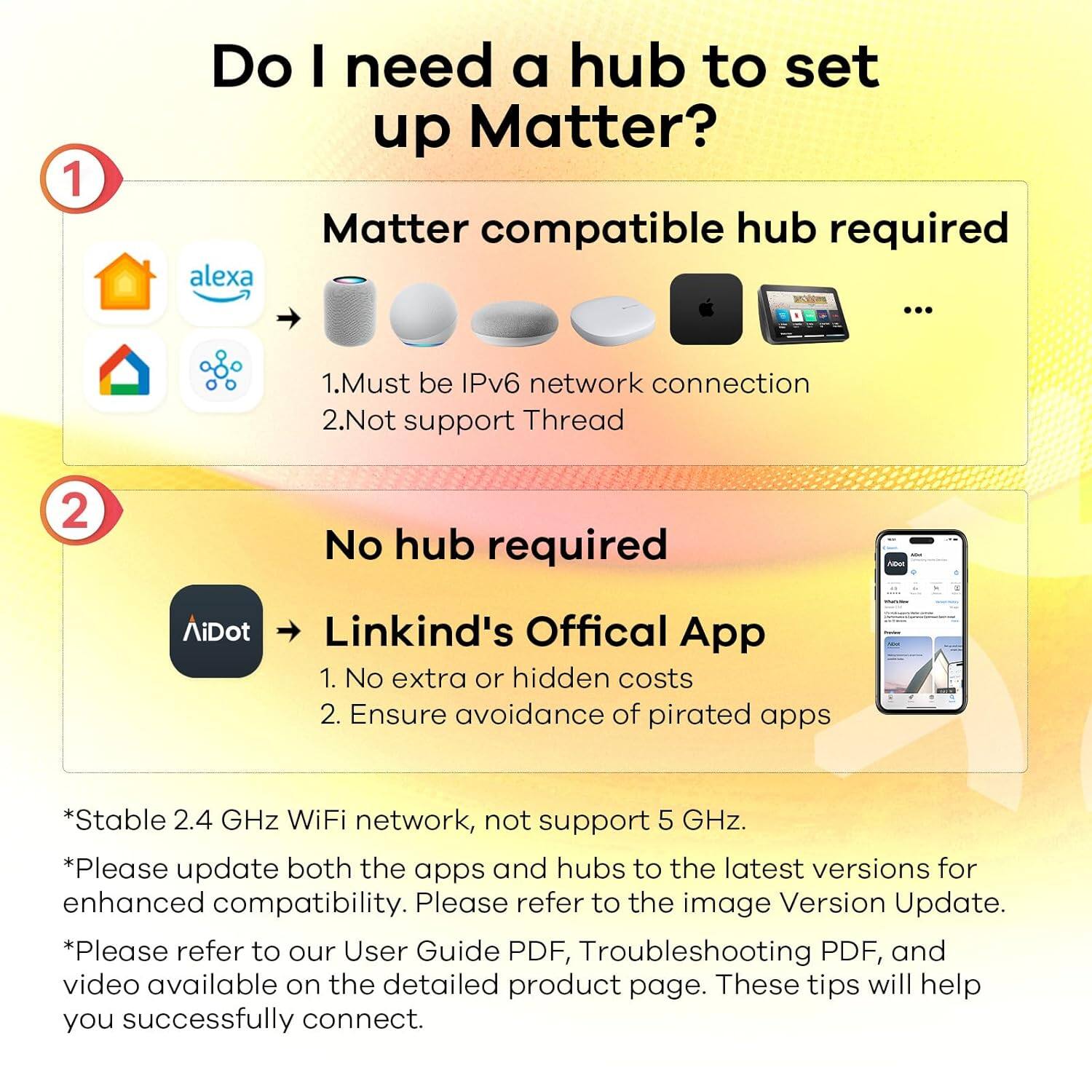 Do I need a hub to set up Matter?

1. Matter compatible hub required
   - Must be IPv6 network connection
   - Not support Thread

2. No hub required
   - Linkind's Official App
     - No extra or hidden costs
     - Ensure avoidance of pirated apps

*Stable 2.4 GHz WiFi network, not support 5 GHz.
*Please update both the apps and hubs to the latest versions for enhanced compatibility. Please refer to the image Version Update.
*Please refer to our User Guide PDF, Troubleshooting PDF, and video available on the detailed product page. These tips will help you successfully connect.