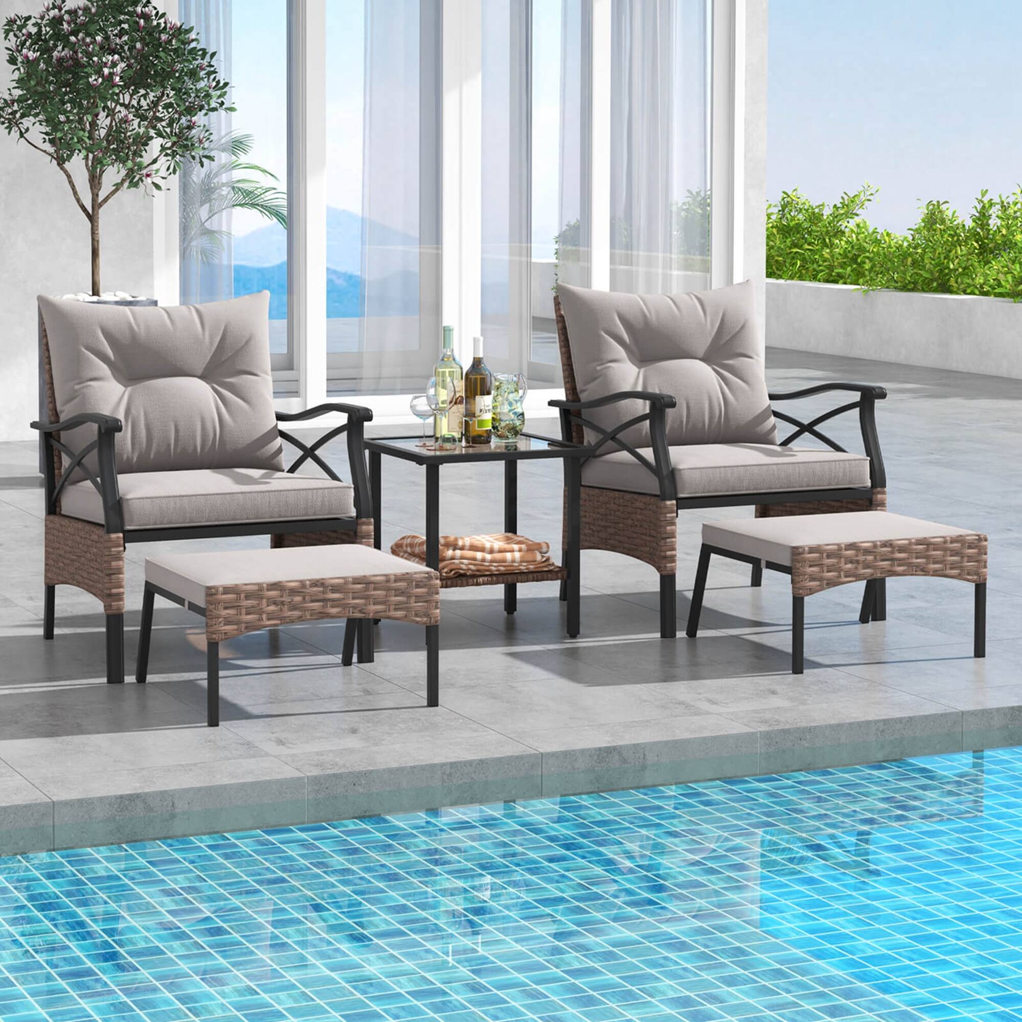 Alt View 1. Costway - 5 PCS Patio Furniture Set with 2-Tier Coffee Table & 2 Ottomans Cushions Included - Mix Brown + Grey.
