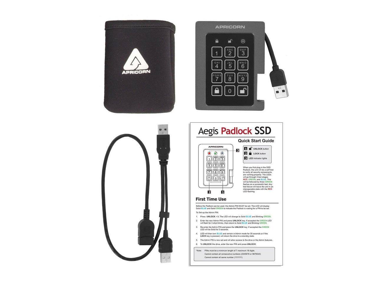 APRICORN

1 ABC 2 DEF 3 APRICORN GH 4 PQR 5 TUV 6 WXYZ 7 JKL 8 MNO 9 0

Aegis Padlock SSD Quick Start Guide

ADUEORN 3 2 UoNOUR button LOER sumu 3 LEG nn Signta 0 P Whan - Sd ag - san Patora te - - d senty secuiy componants workng properly The LED reugh - snuges - GREES and .sa - Slowd Ts ORTEN tastes sunsstu Amy I Tanuoe -. .. - UM amensparna state the RT LEO fashing First Time Use Bultoe me Fadloos - - tu A ON MUST te - The LEO - daginy Sau BLAM and Sand Vdcans te am wating a -N t sa to natu Te Ado FN oos UNLOCK The LED  dhange Bond BLE and Booking OREEN  te FIN  SU te ED wa Tout - aoe tan Sene WM GREEN Te Aamu PON - Te S tey aop The OAEEN LED wl te Sone o -A LED than - OCE t