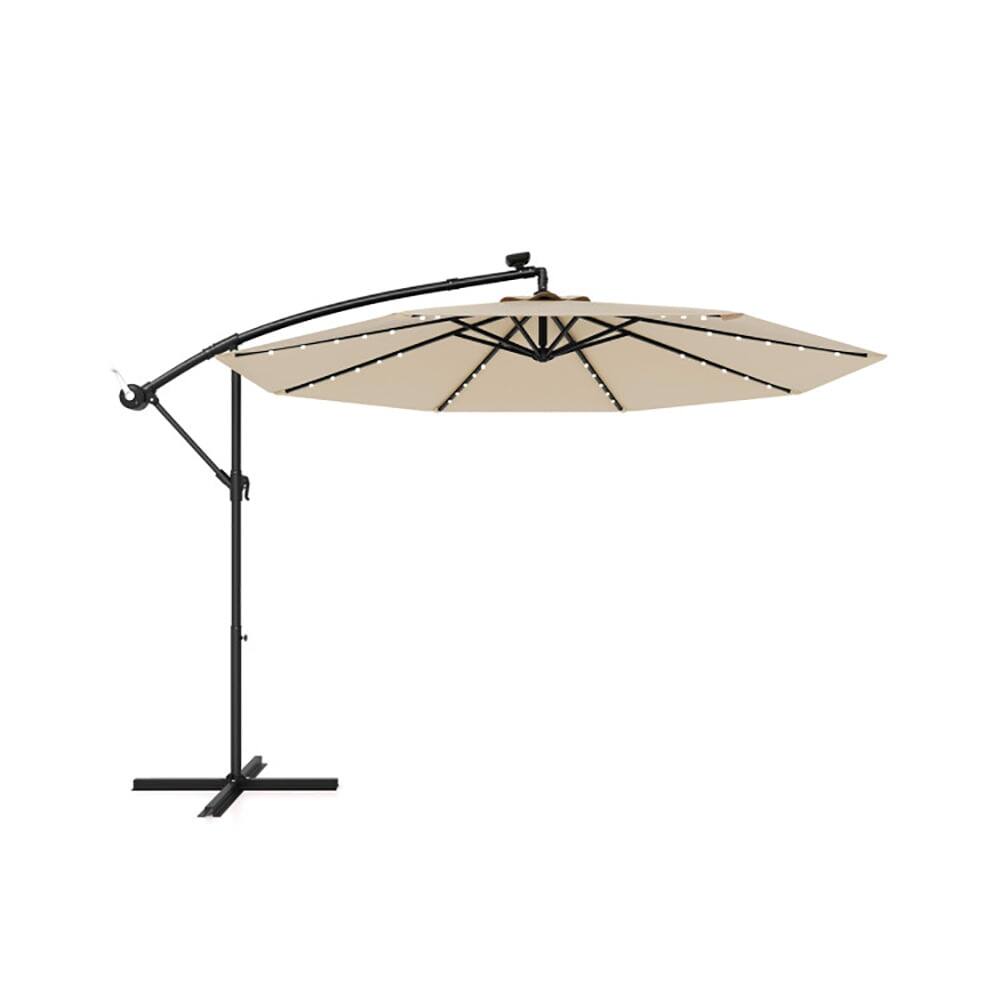 Left. Kadyn - 10 Feet Solar Offset Hanging Umbrella with 40 Lamp Beads and Solar Panel-Beige, Patio Offset Umbrella.