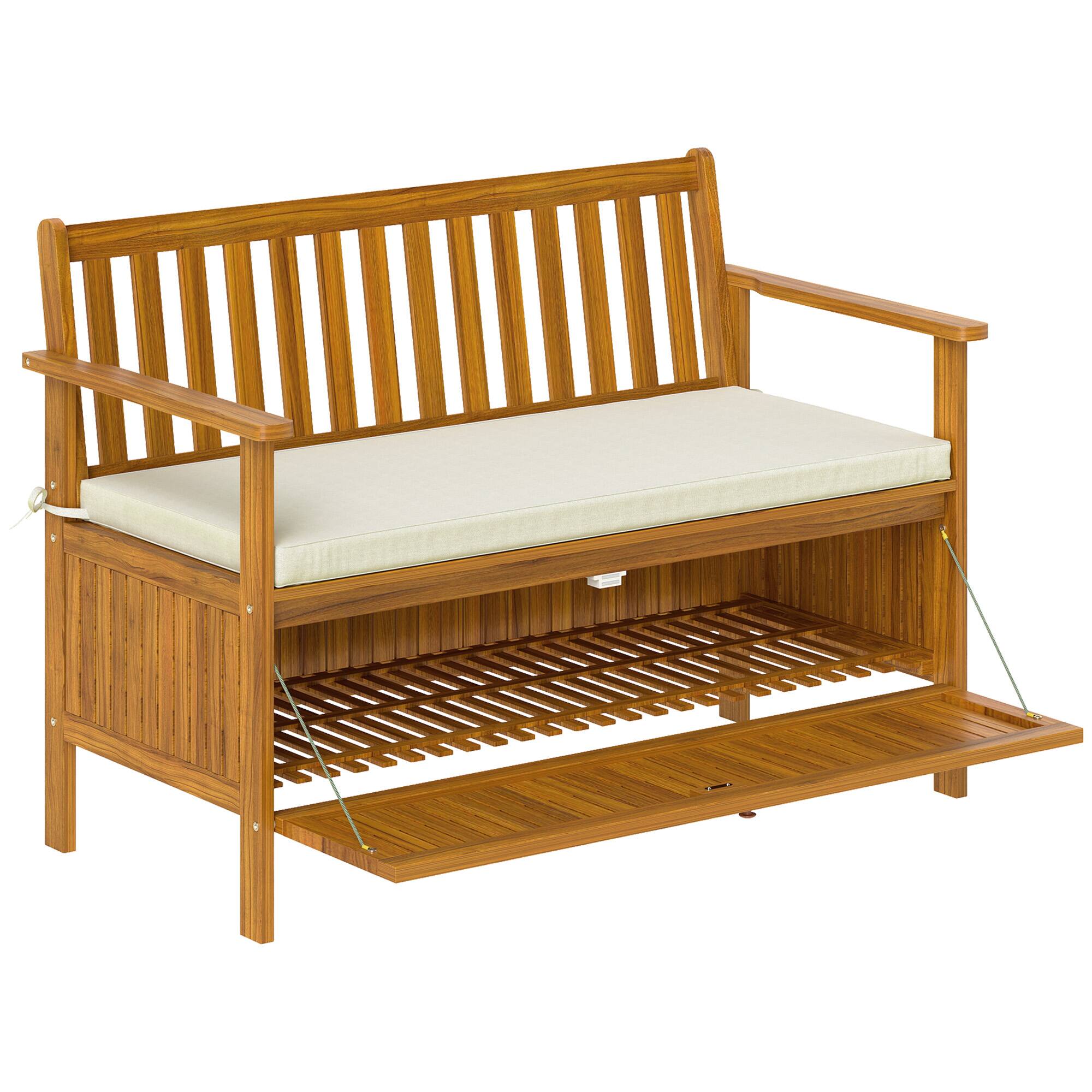 Front. Outsunny - Outdoor Bench with Storage Box, 28 Gallon Outdoor Storage Bench, Acacia Wood Garden Seat with Cushion - Teak.