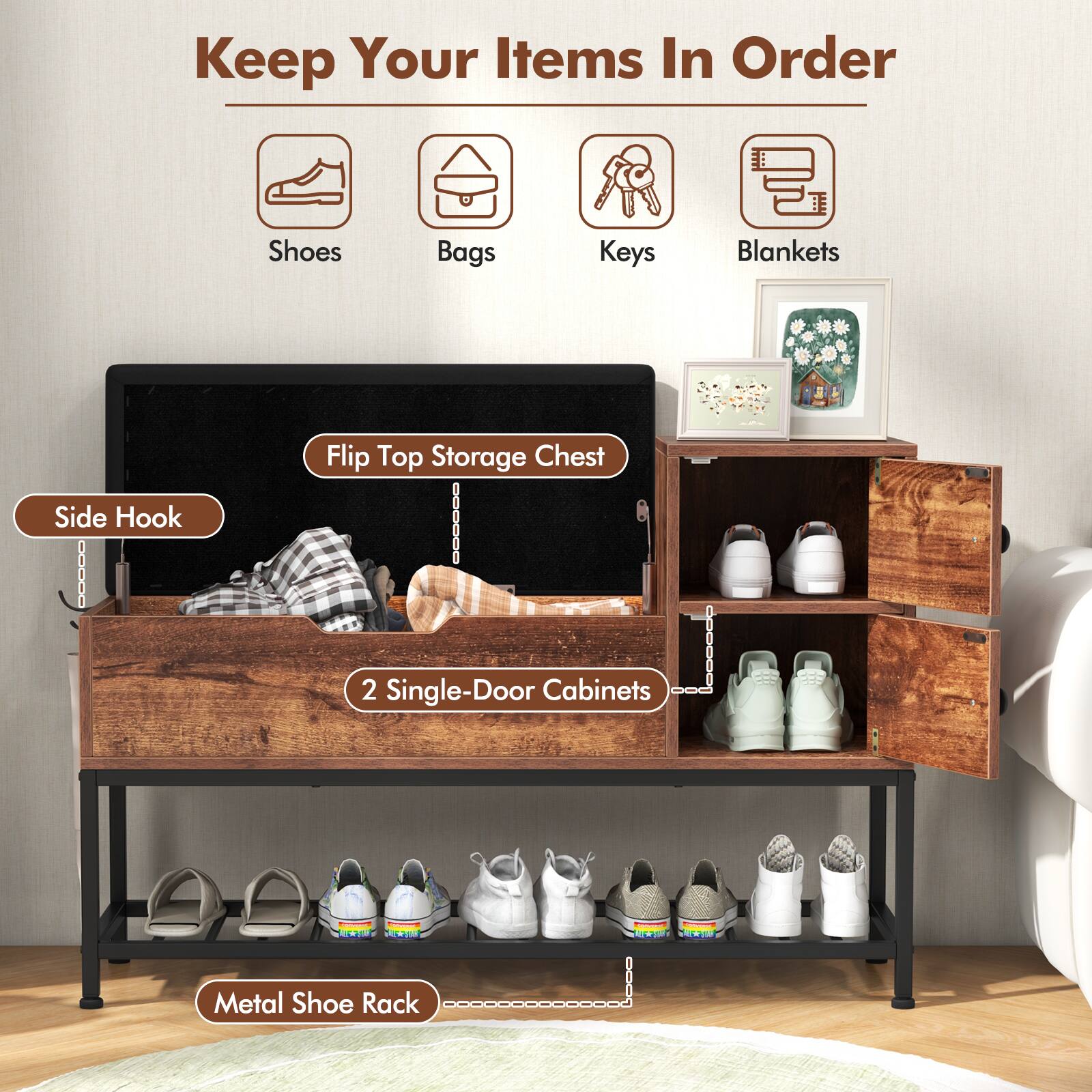 Keep Your Items In Order Shoes Bags Keys Blankets A Side Hook Flip Top Storage Chest 2 Single-Door Cabinets Metal Shoe Rack