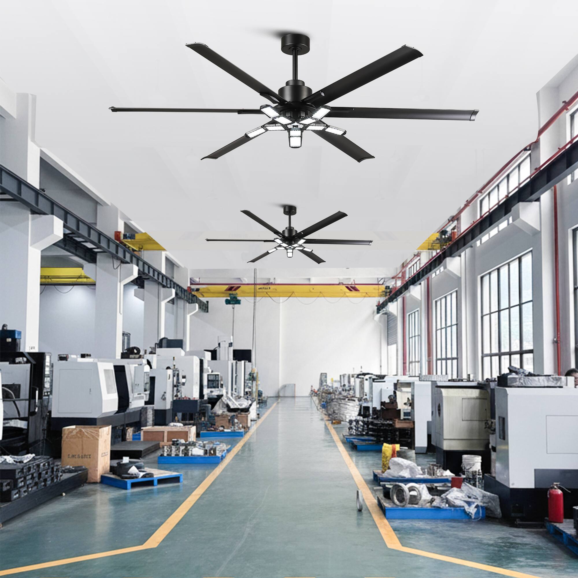 Left. Parrot Uncle - 84''Black Industrial HVLS Large Ceiling Fan with Foldable LED and Remote Control - Black.