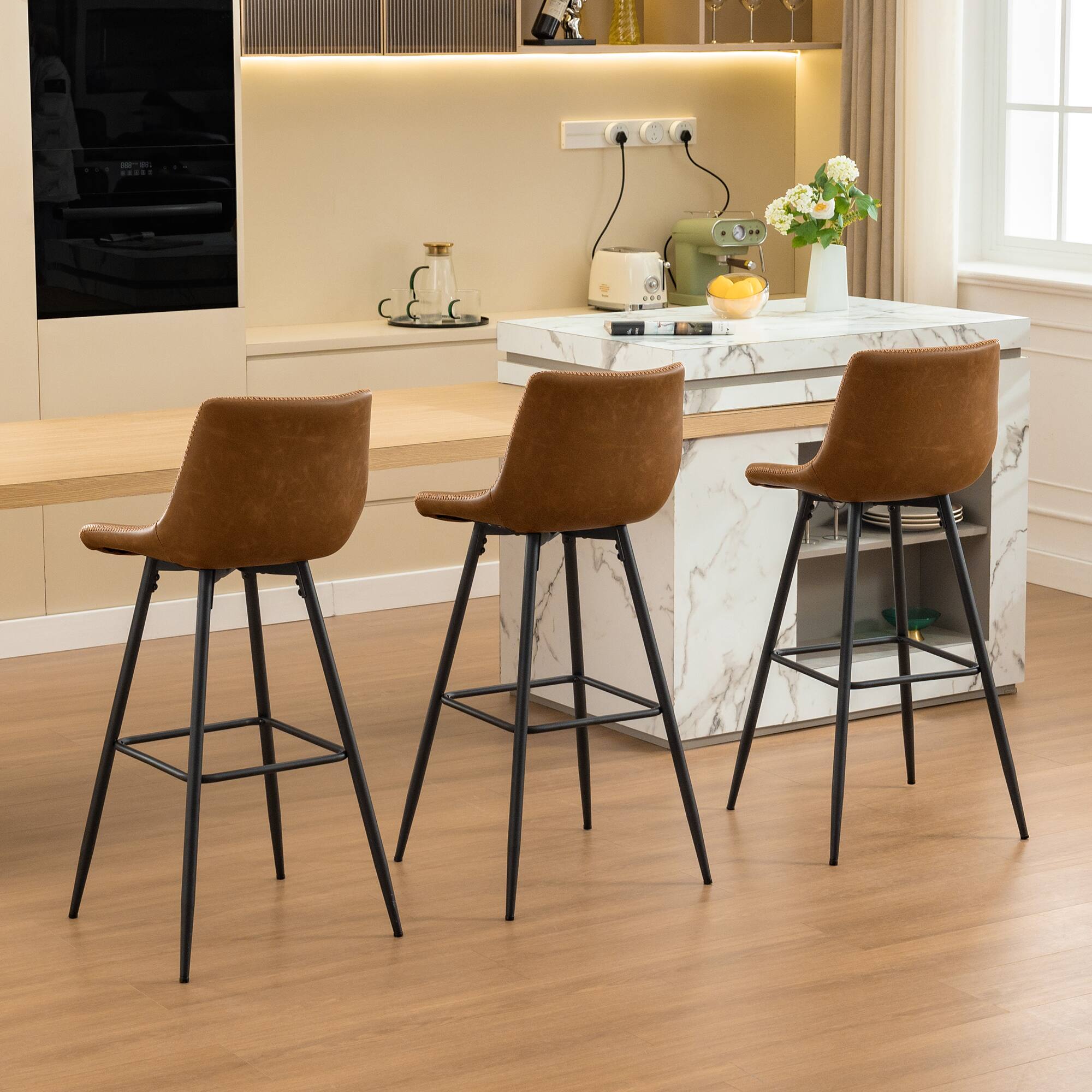 Alt View 6. KERDOM - 24/28'' H Bar Stools Set of 3, Waterproof PU Leather Armless Kitchen Island High Chair Counter Stool, Rubber Foot Pad - Brown - 28‘’ Height.