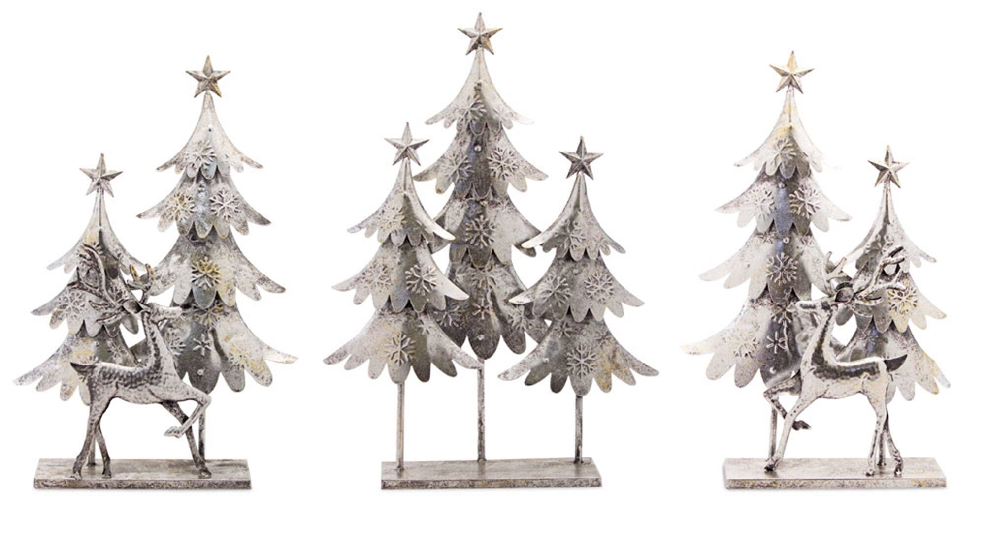 Front. BreeBe - Silver Hammered Metal Deer with Trees Display (Set of 3) - Silver.