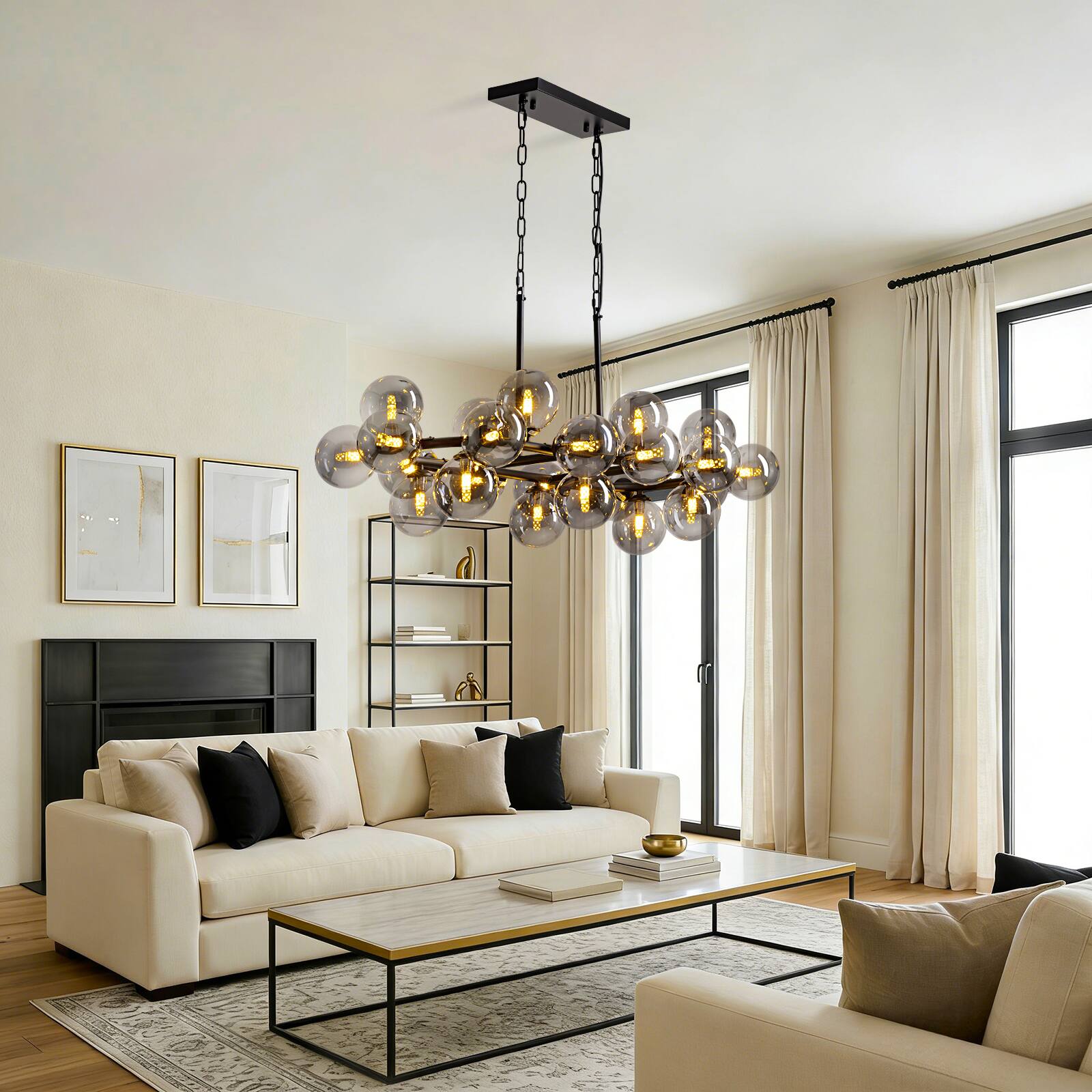 Alt View 3. Siljoy - 47 Inch 24 Lights Luxury Smoke Globe Linear Molecular Chandelier for  Island Dining Room Living Room and Foyer - smoky gray.