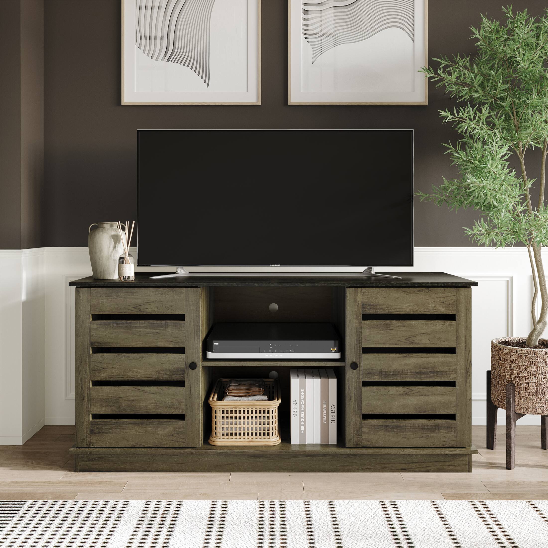 ChaletPosh - Classic TV Console with Two Cabinet Doors and Dual Open Storage Compartments - Light Brown
