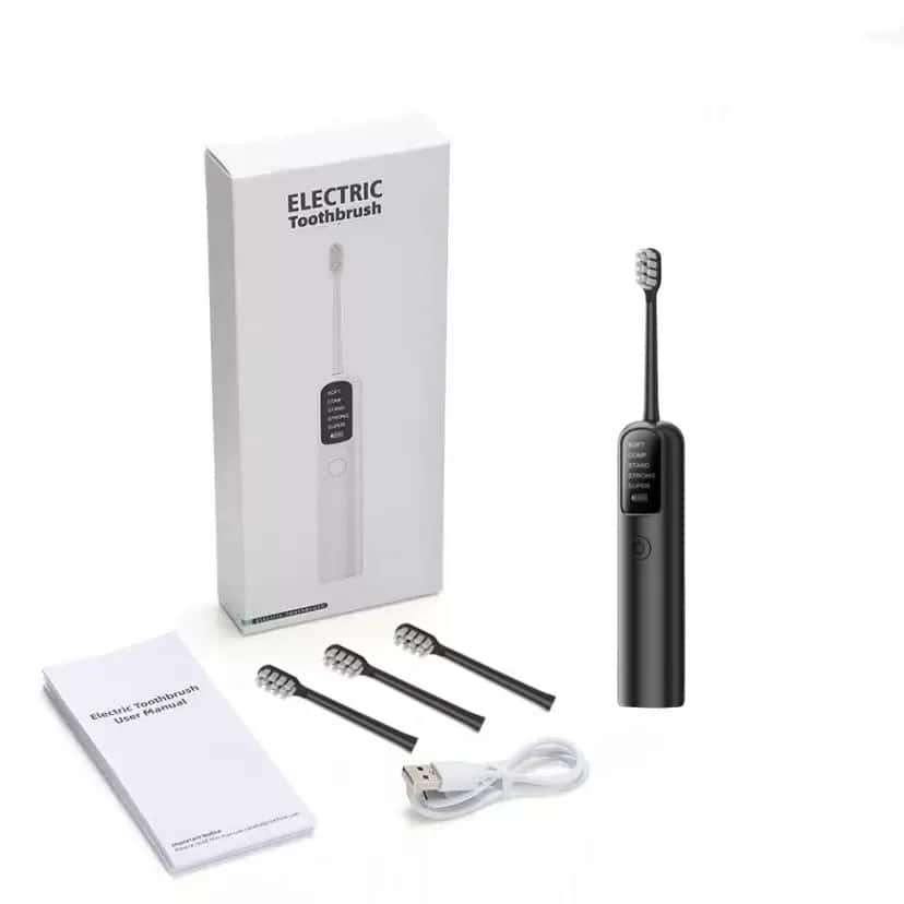 Cluzine - Adjustable Smart Timer Electric Toothbrush 5 Modes Rechargeable with 4 Replacement Brush Heads - Black