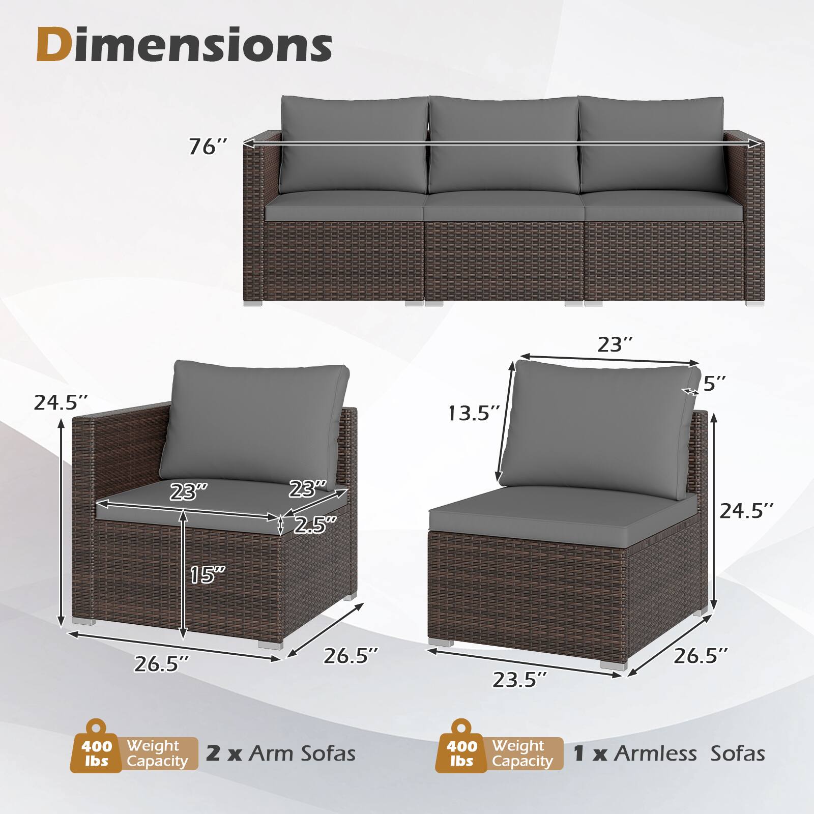 Dimensions: 76" x 23" x 24.5" x 13.5" x 5" x 23" x 2.5" x 24.5" x 15" x 26.5" x 26.5" x 23.5" x 26.5"

Weight Capacity: 400 lbs

2 x Arm Sofas

1 x Armless Sofa