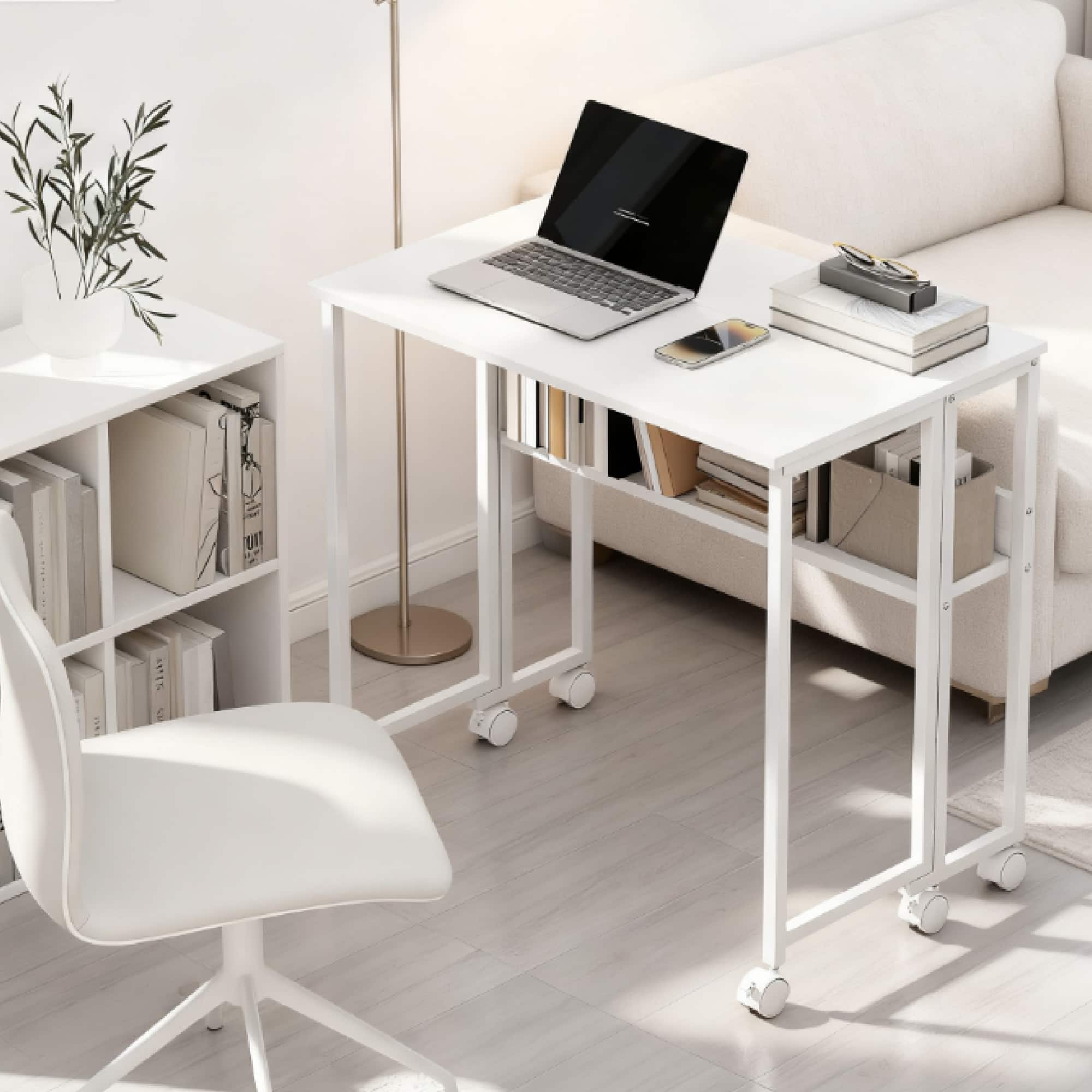 GOODSILO - Space-Saving Foldable Computer Desk with Storage Shelf and Mobile Wheels for Compact Home Office - White
