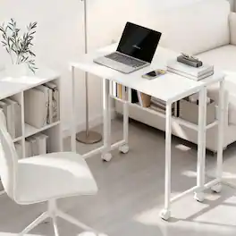 GOODSILO - Space-Saving Foldable Computer Desk with Storage Shelf and Mobile Wheels for Compact Home Office - White