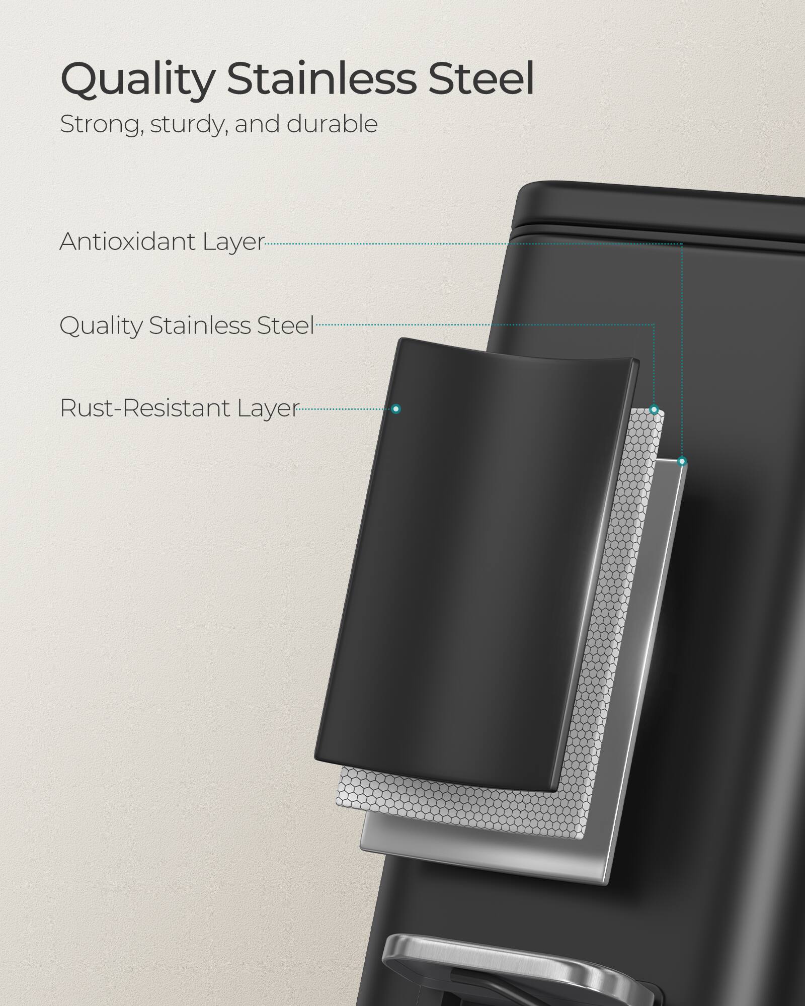 Quality Stainless Steel

Strong, sturdy, and durable

Antioxidant Layer

Quality Stainless Steel

Rust-Resistant Layer