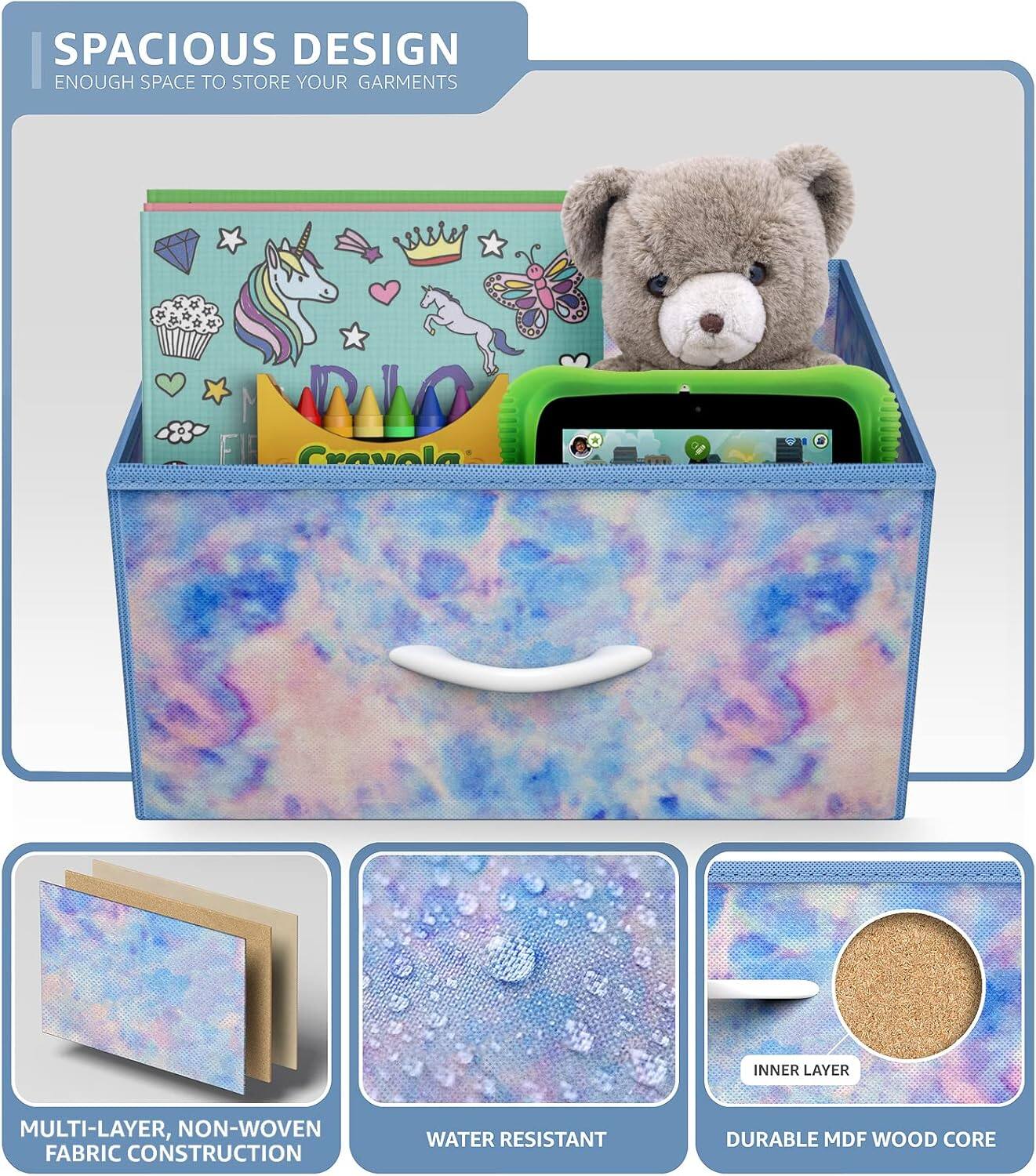 SPACIOUS DESIGN  
ENOUGH SPACE TO STORE YOUR GARMENTS  

MULTI-LAYER, NON-WOVEN FABRIC CONSTRUCTION  
WATER RESISTANT  
DURABLE MDF WOOD CORE