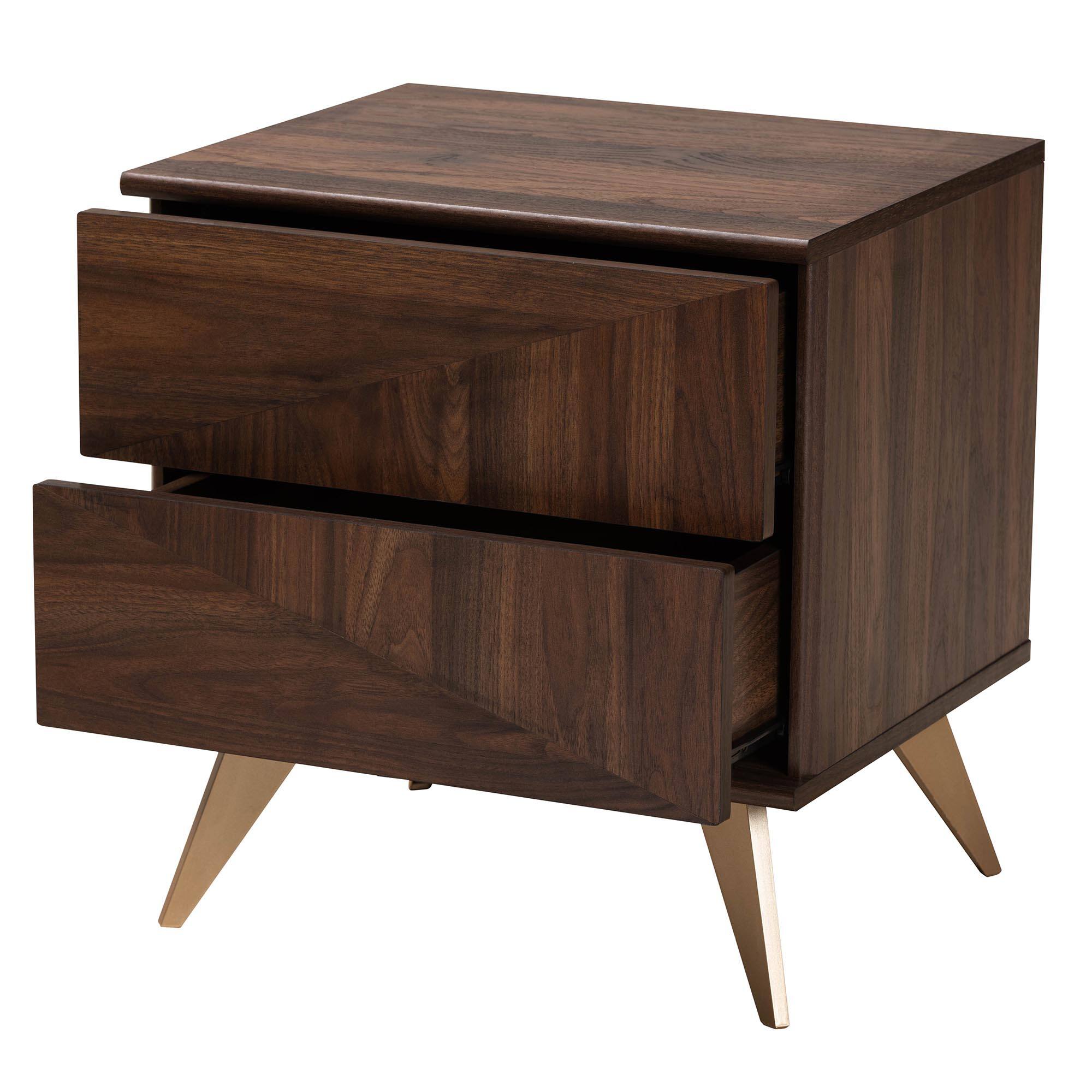 Angle. Baxton Studio - Graceland Mid-Century Modern Transitional Finished Wood 2-Drawer Nightstand - Walnut Brown/Gold.