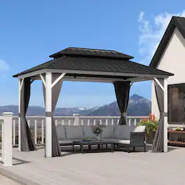 PURPLE LEAF - Outdoor Aluminum White Hardtop Gazebo with Galvanized Steel Double Roof with Netting and Curtains - 8' X 12'