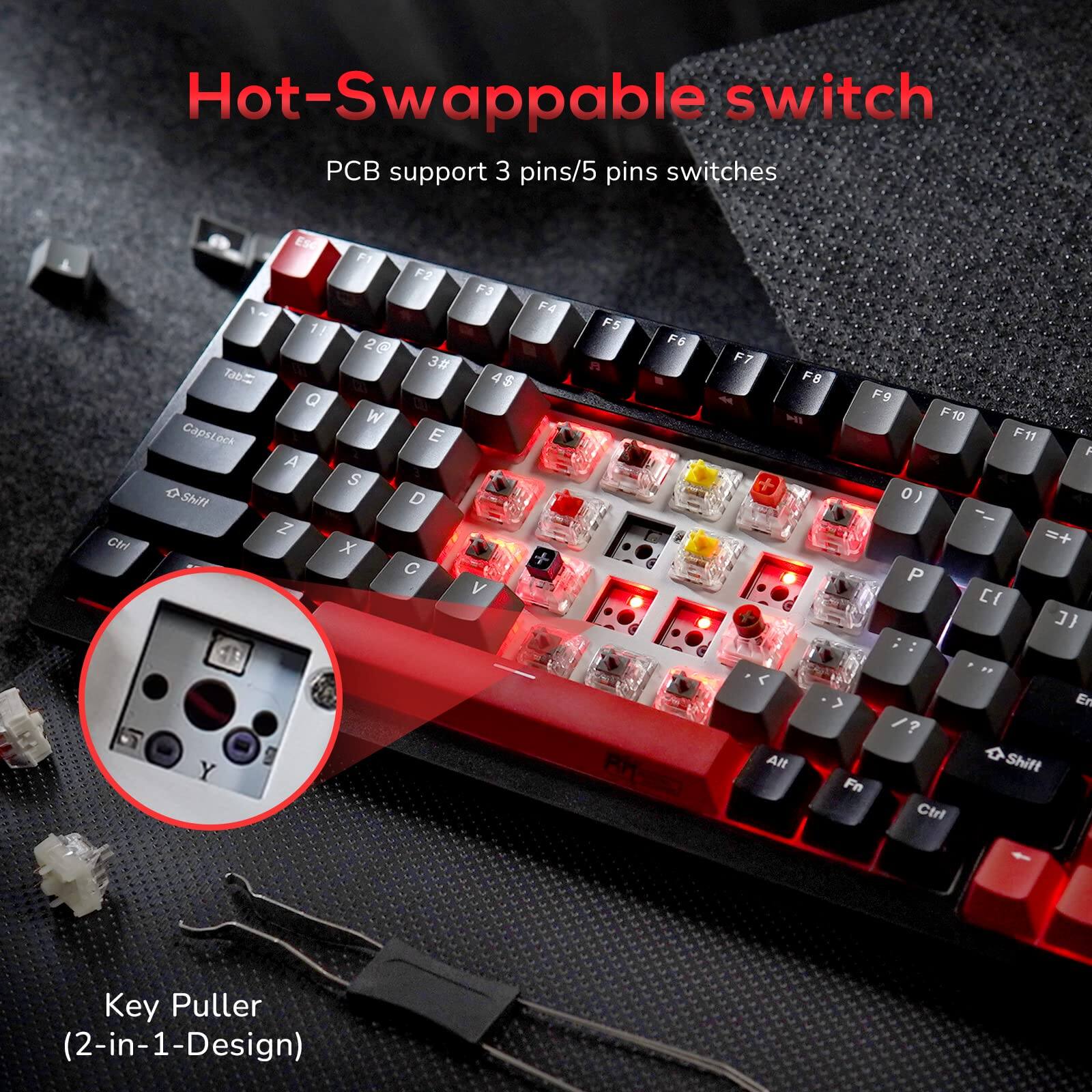 Hot-Swappable switch  
PCB support 3 pins/5 pins switches  

Key Puller (2-in-1-Design)