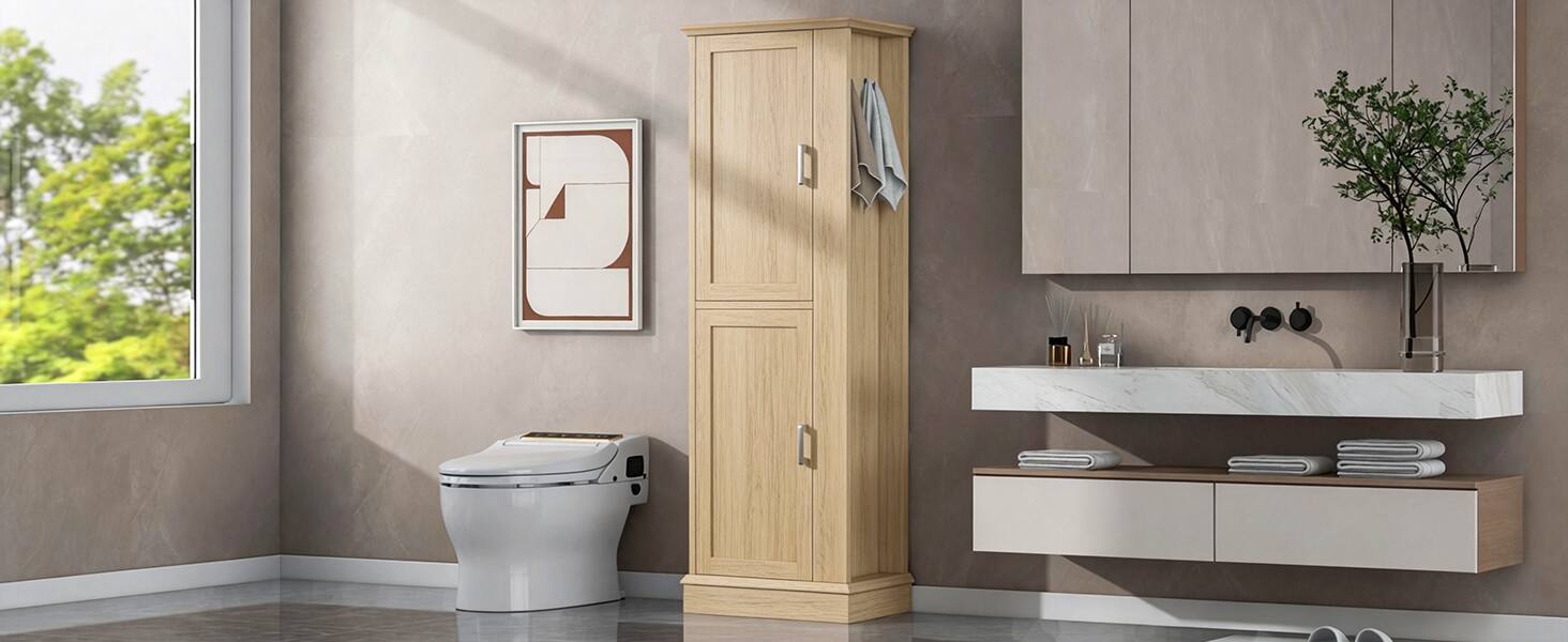 Alt View 8. Loheer - Loheer Tall Bathroom Storage Cabinet Freestanding Organizer with Adjustable Shelves and Hooks Natural MDF - Natural.