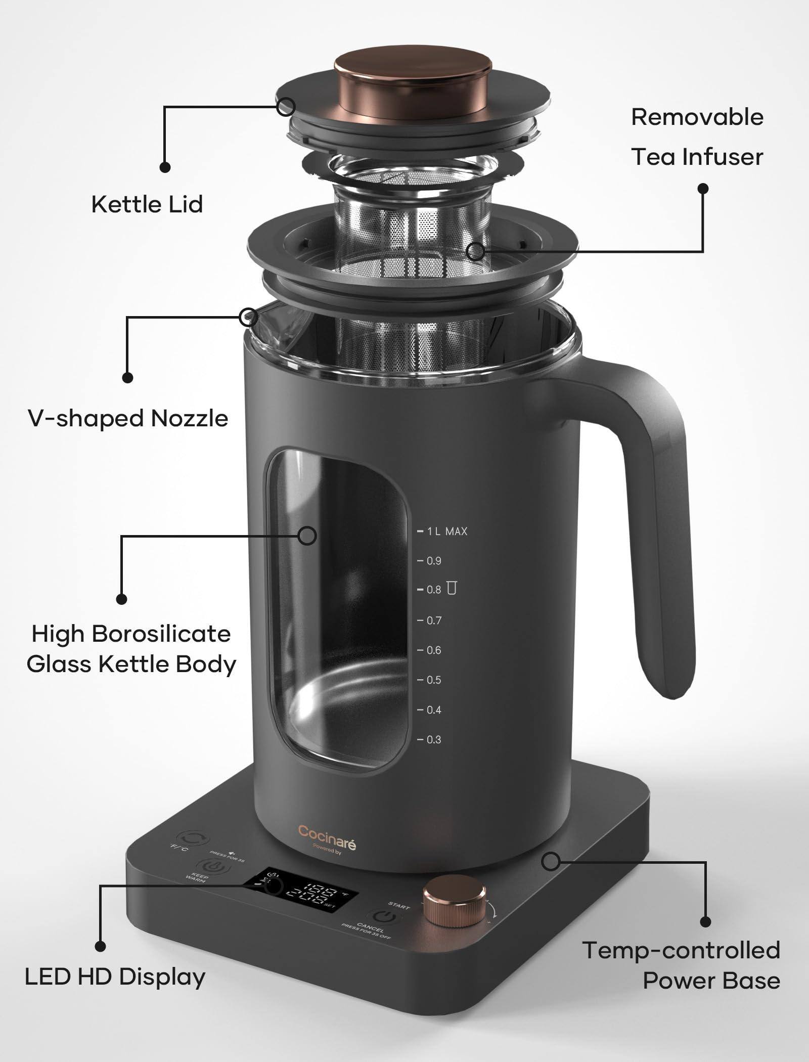 - Removable Tea Infuser
- Kettle Lid
- V-shaped Nozzle
- High Borosilicate Glass Kettle Body
- LED HD Display
- Temp-controlled Power Base
- 1L MAX
- 0.9
- 0.8
- 0.7
- 0.6
- 0.5
- 0.4
- 0.3
