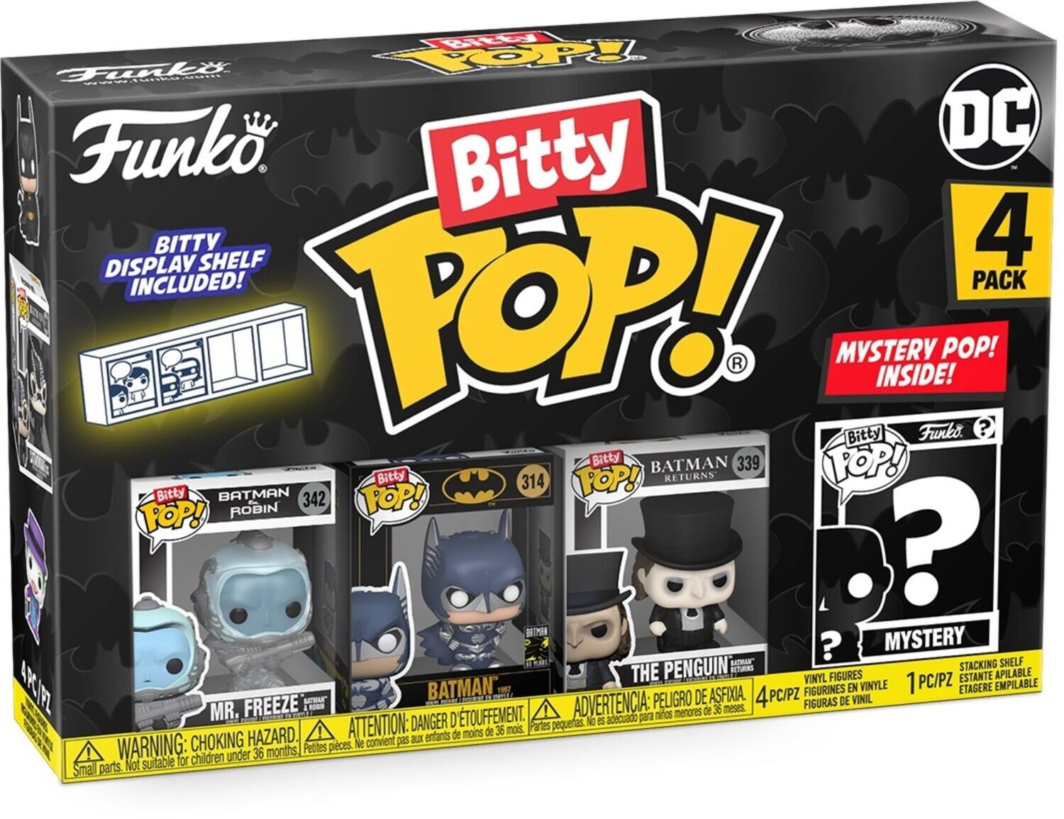 Funko, Bitty, DISPLAY, SHELF, INCLUDED!, 4, POP!, MYSTERY, VINYL, FIGURES, 1, PC/PZ, STACKING, SHELF, 4, PC/PZ, BATMAN, 339, 314, 342, ROBIN, PENGUIN, 1997, ASFIXIA, FIGURINES, EN, VINYLE, ETAGERE, EMPILABLE, FREEZE, NATMA, ADVERTENCIA, PELIGRO, DE, ninos, menores, de, 36, meses, ATTENTION, DANGER, D'ETOUFFEMENT, Partes, pequeas, No, es, adecuado, para, niños, menores, de, moins, de, 36, mois, CHOKING, HAZARD, Ne, convient, pas, a, enfants, WARNING, Petites, pices, Not, suitable, for, children, under, 36, months.