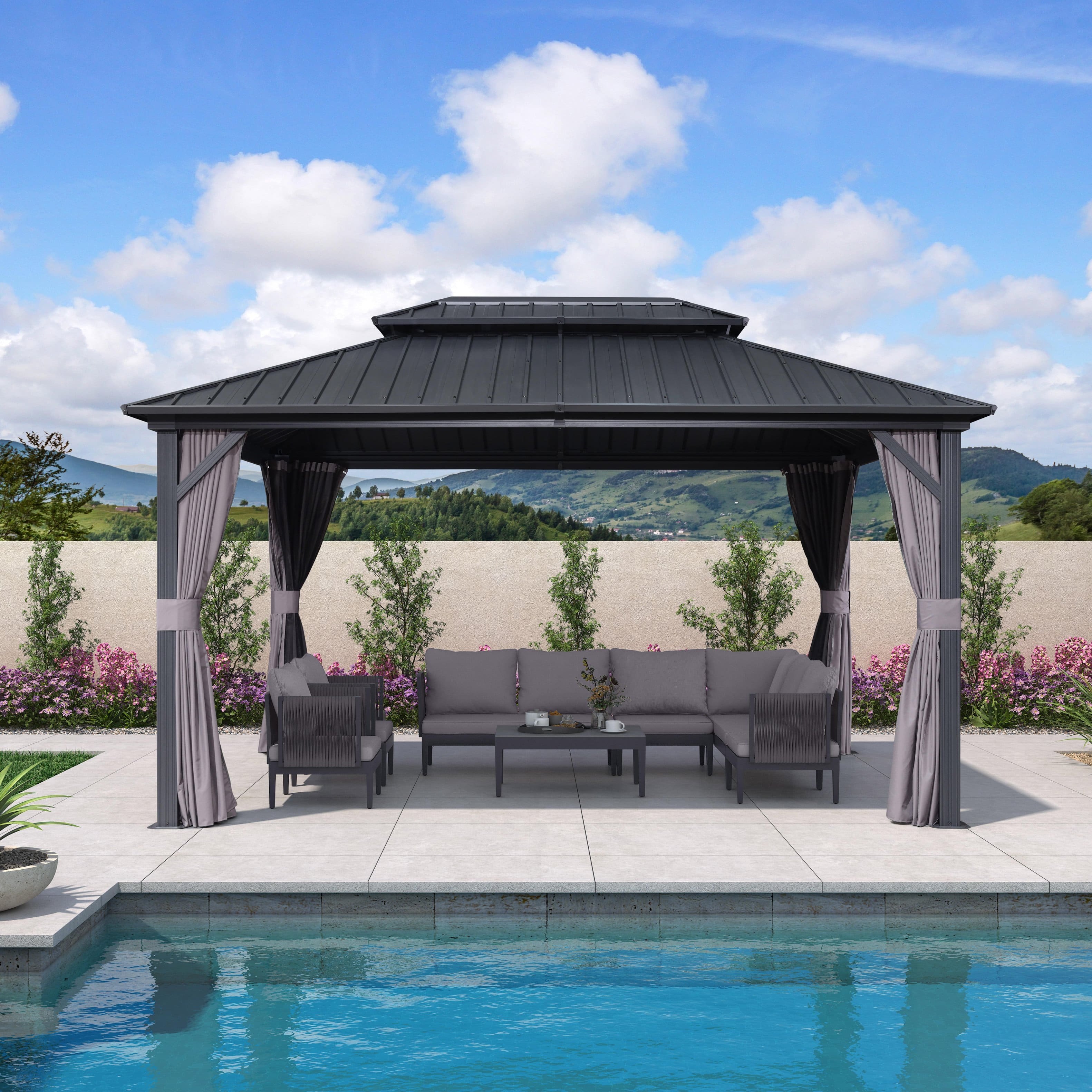 Front. PURPLE LEAF - 10' X 14' Outdoor Aluminum Hardtop Gazebo with Galvanized Steel Double Roof for Patio Deck with Netting and Curtains - 10' X 14'.