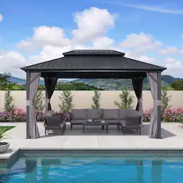 PURPLE LEAF - Outdoor Aluminum Hardtop Gazebo with Galvanized Steel Double Roof for Patio Deck with Netting and Curtains - 10' X 14'