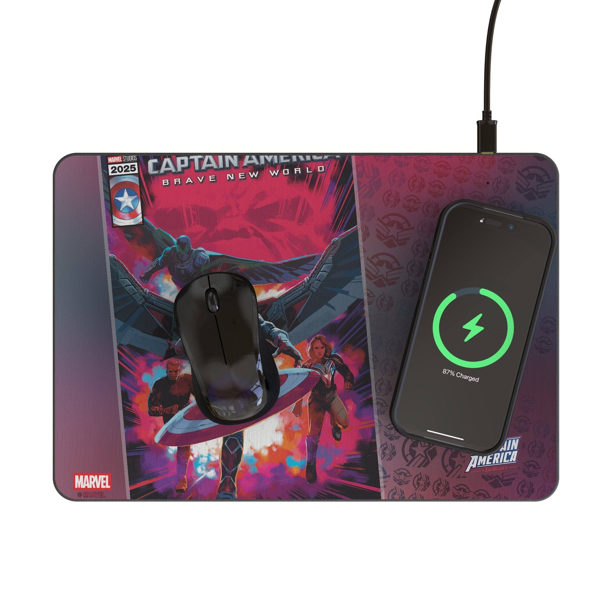 Sure, here is the corrected and grouped text from the image:

---

**MARVEL STUDIOS**  
**CAPTAIN AMERICA**  
**2025**  
**BRAVE NEW WORLD**

**87% Charged**

**MARVEL**  
**© MARVEL**

---

**CAPTAIN AMERICA**  
**BRAVE NEW WORLD**

---

**MARVEL**  
**© MARVEL**