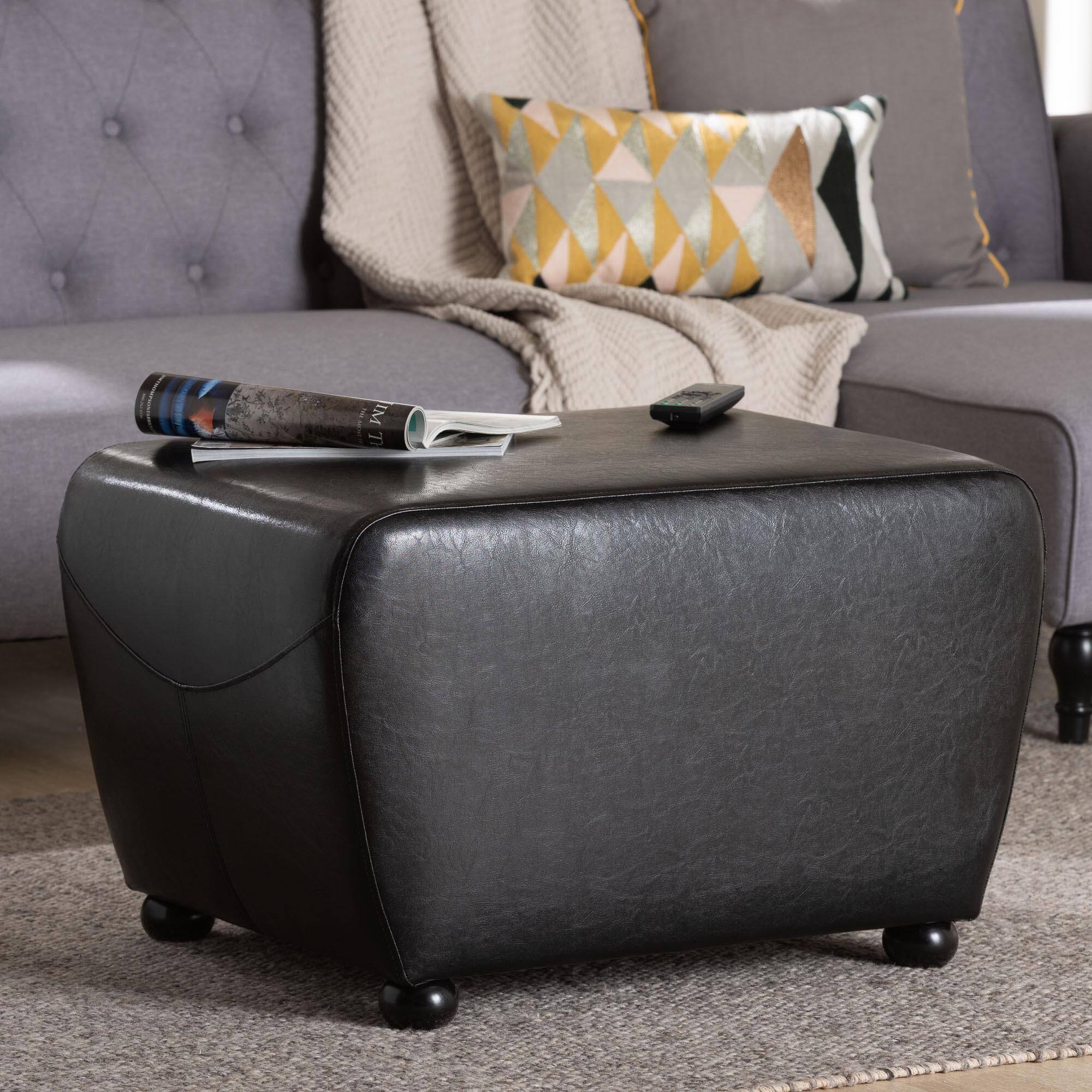 Alt View 2. Baxton Studio - Full Leather Ottoman With Rounded Sides - Black.