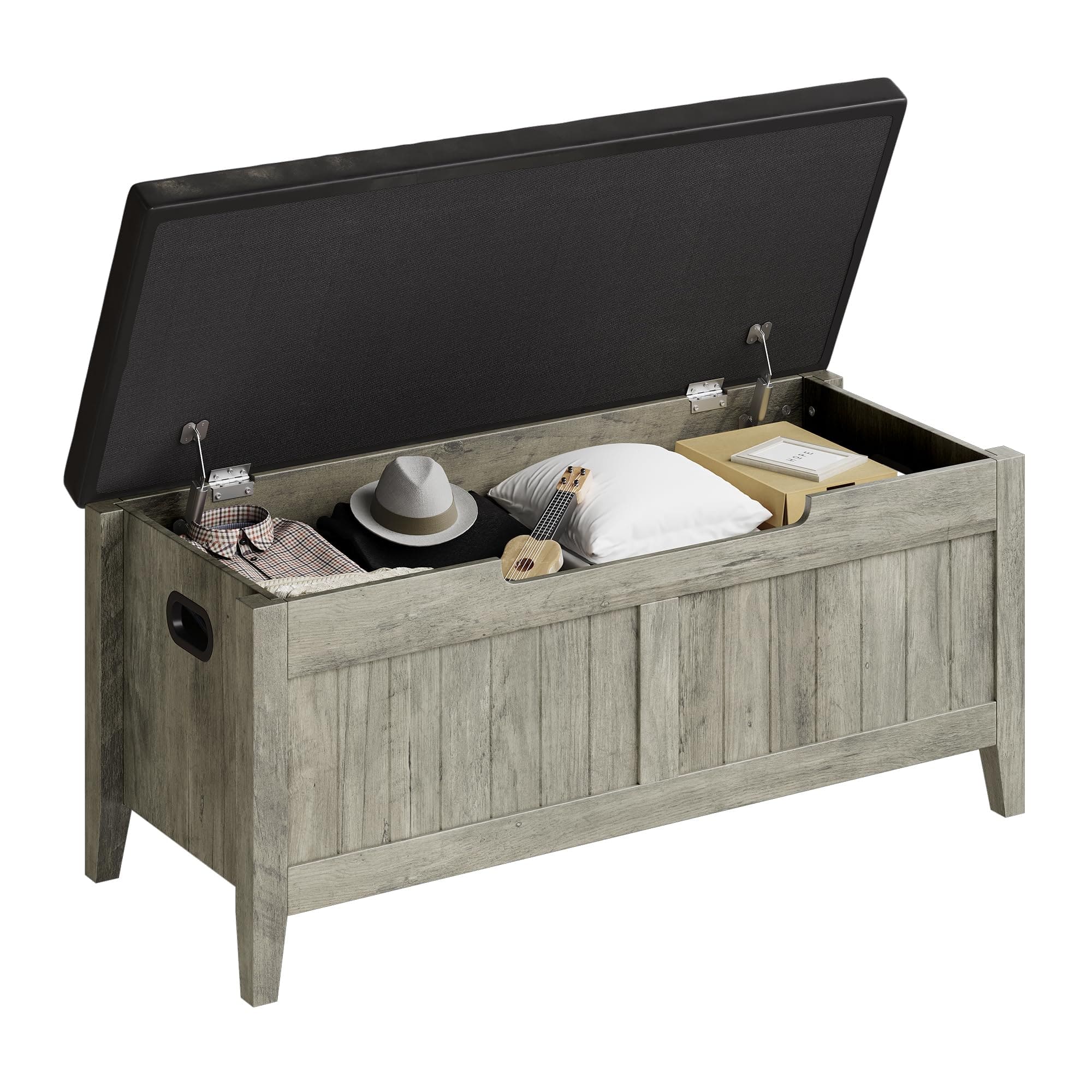 Jojoka - Upholstered Storage Bench with Cushion Seat, Wooden Storage Chest Trunk with 2 Safety Hinges, Organizer - Gray