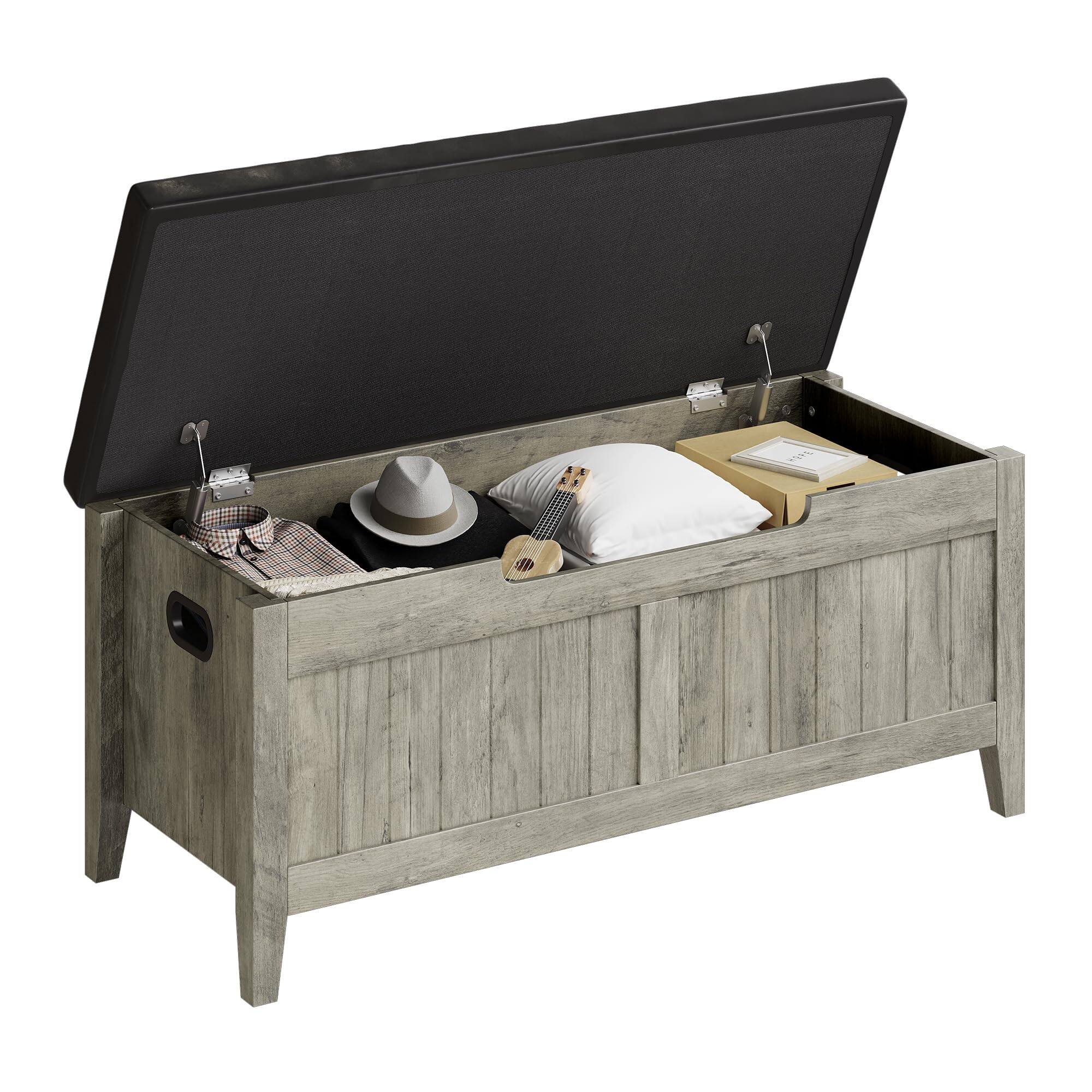 Jojoka - Upholstered Storage Bench with Cushion Seat, Wooden Storage Chest Trunk with 2 Safety Hinges, Organizer - Gray