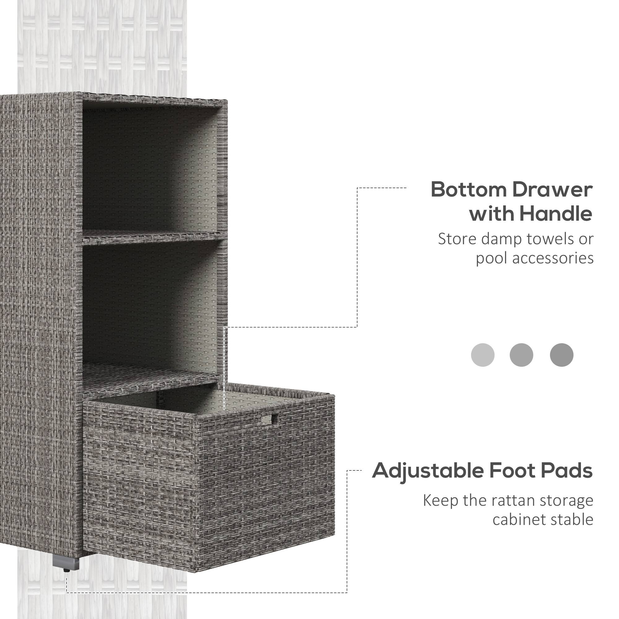 Bottom Drawer with Handle: Store damp towels or pool accessories. Adjustable Foot Pads: Keep the rattan storage cabinet stable.