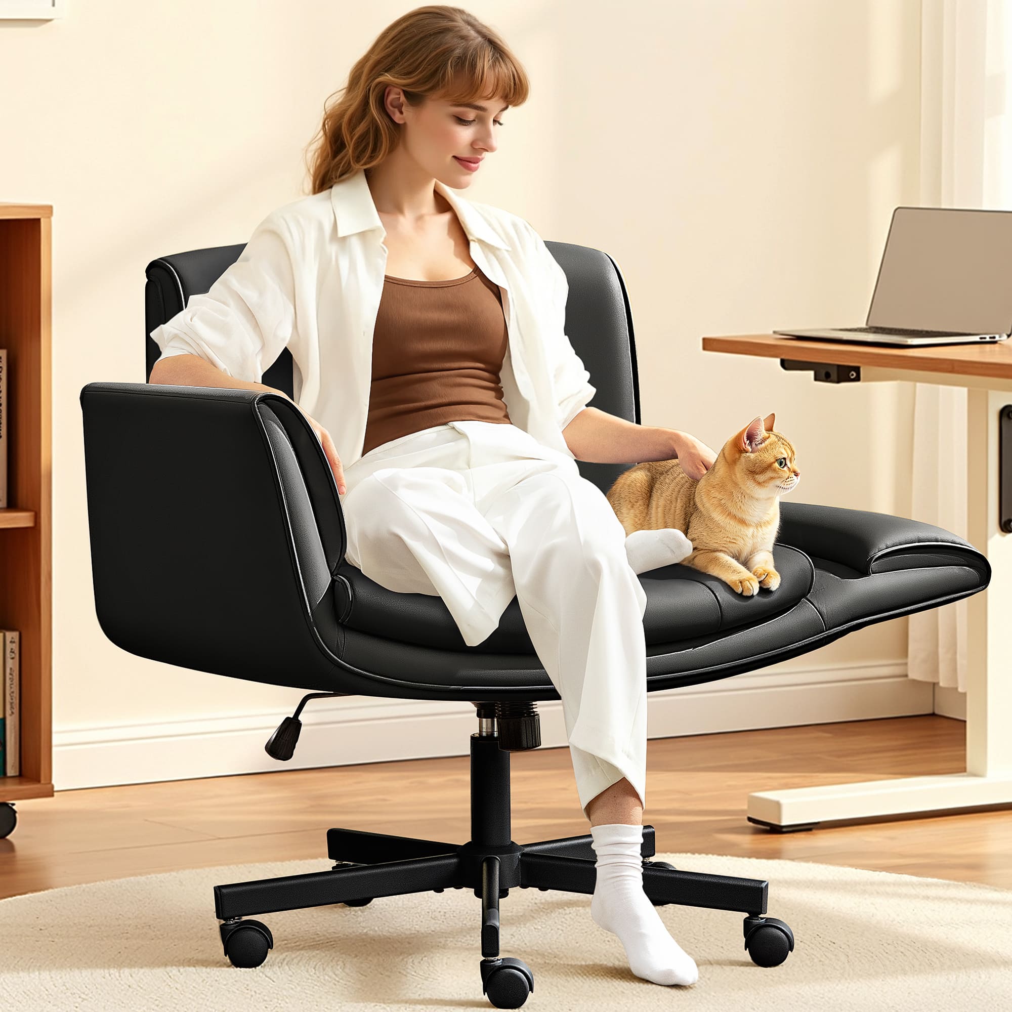 KERDOM - 4 in 1 Cross-Legged Chair with Wheels & Expandable Arms, PU Leather Wide Seat Vanity Chair, Home Office Computer Chair - Black