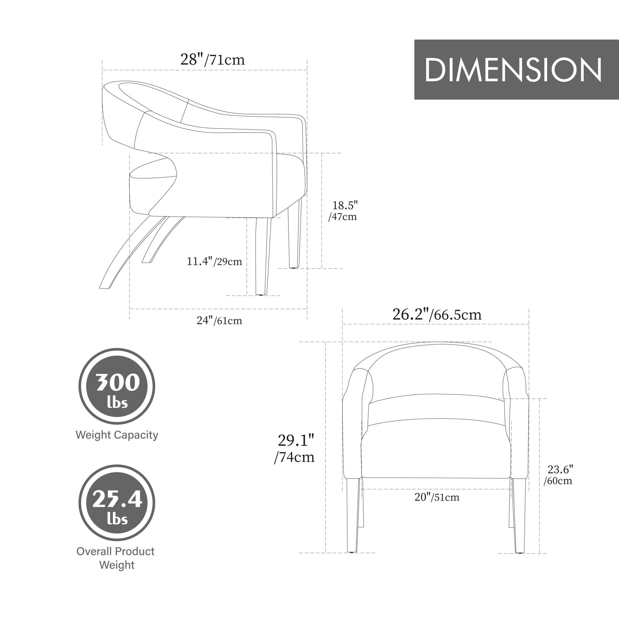 - 28" / 71cm
- 18.5" / 47cm
- 11.4" / 29cm
- 24" / 61cm
- 26.2" / 66.5cm
- 29.1" / 74cm
- 20" / 51cm
- 23.6" / 60cm

Weight Capacity: 300 lbs

Overall Product Weight: 25.4 lbs