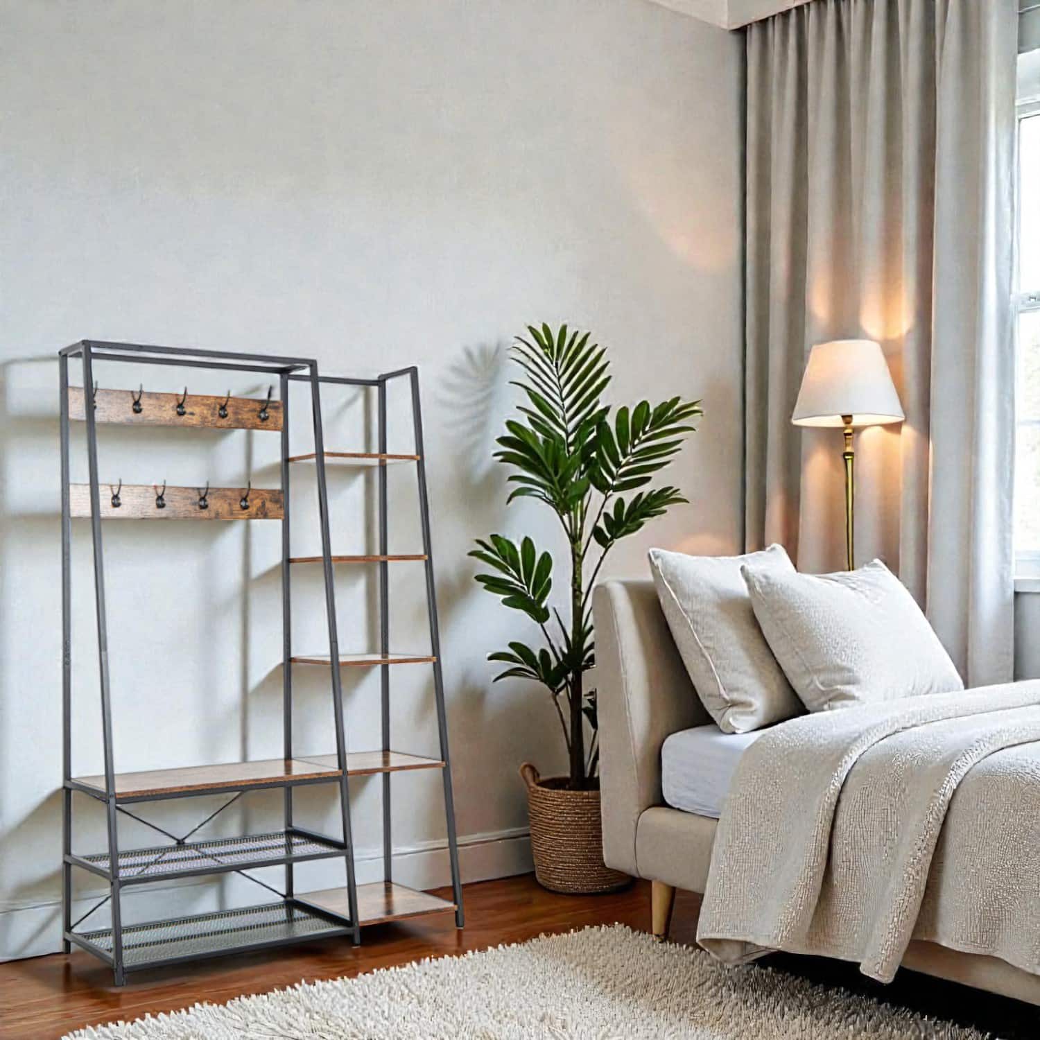 Hivvago - Hallway Storage Bench Tree with 9 Hooks and 5-Way Organization System - Rustic Brown