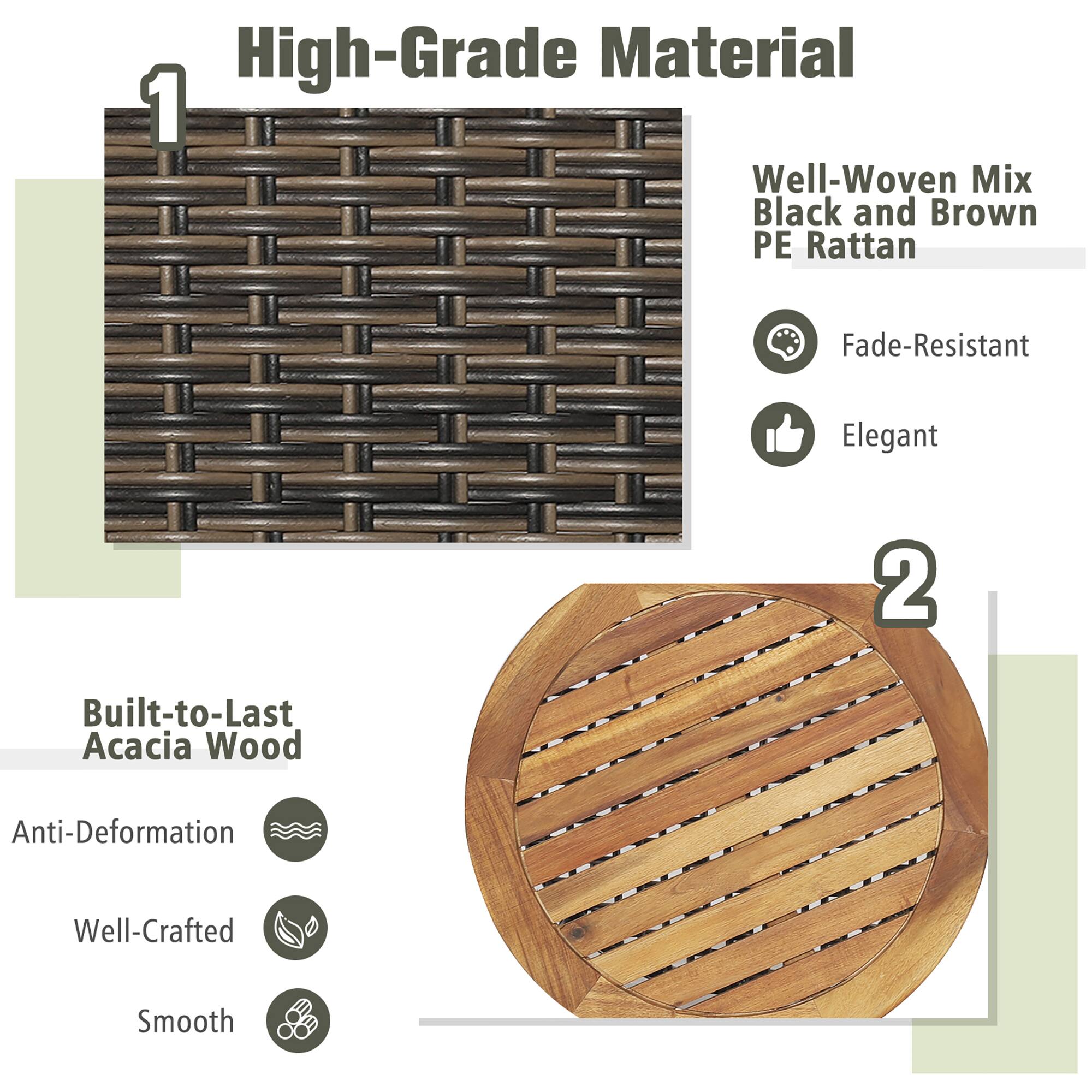 High-Grade Material

1. Well-Woven Mix Black and Brown PE Rattan
   - Fade-Resistant
   - Elegant

2. Built-to-Last Acacia Wood
   - Anti-Deformation
   - Well-Crafted
   - Smooth