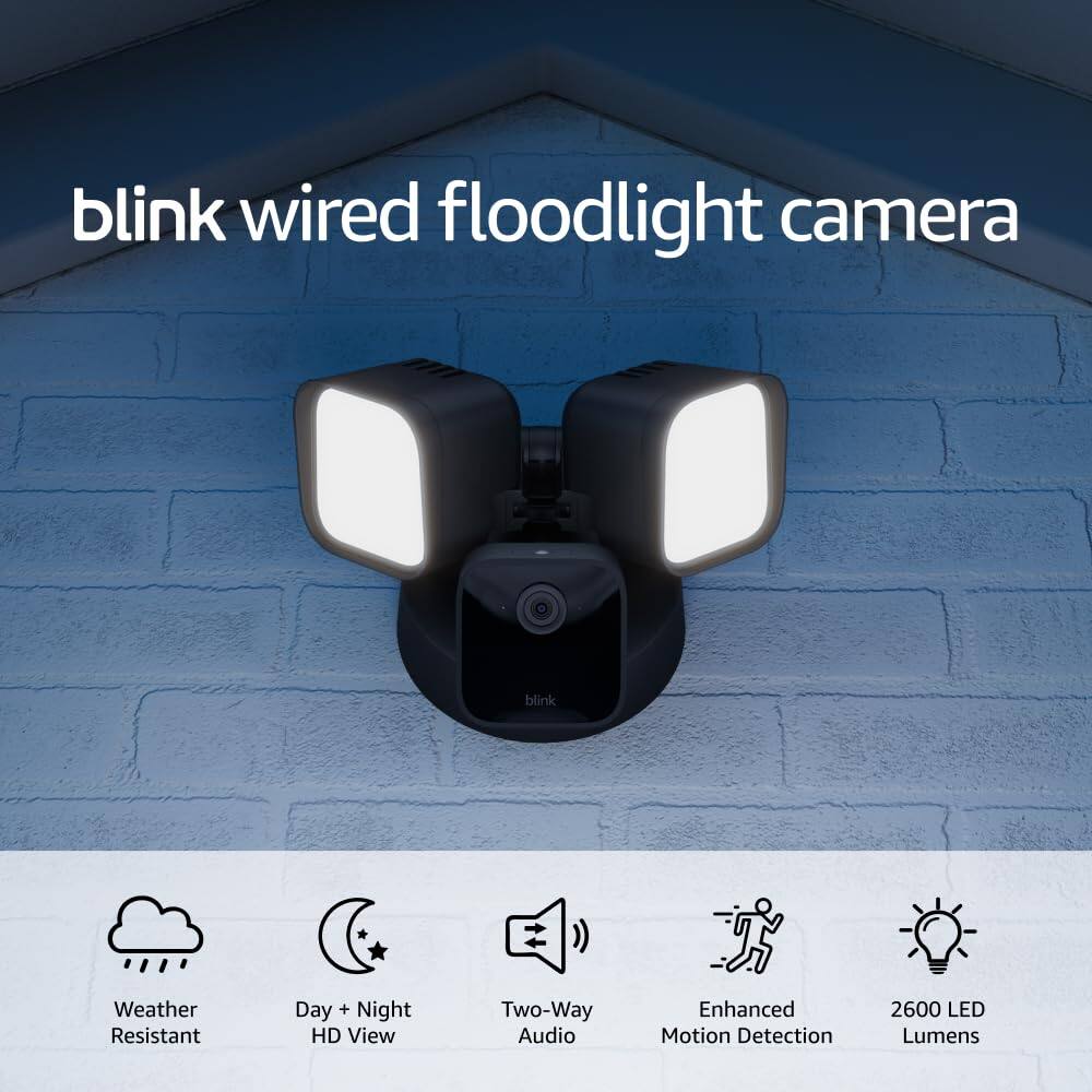 blink wired floodlight camera

- Weather Resistant
- Day + Night HD View
- Two-Way Audio
- Enhanced Motion Detection
- 2600 LED Lumens