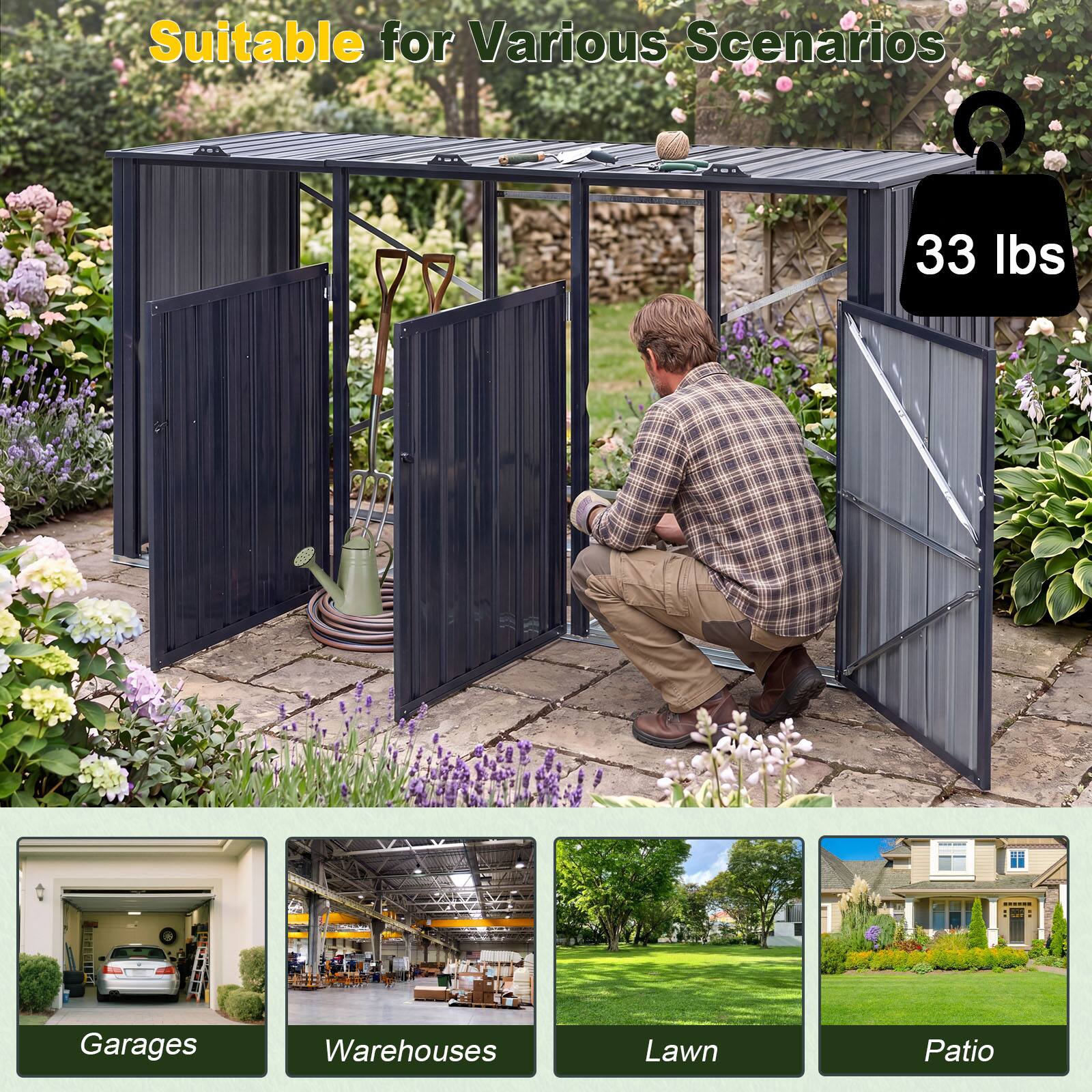 Suitable for Various Scenarios

33 lbs

Garages  
Warehouses  
Lawn  
Patio