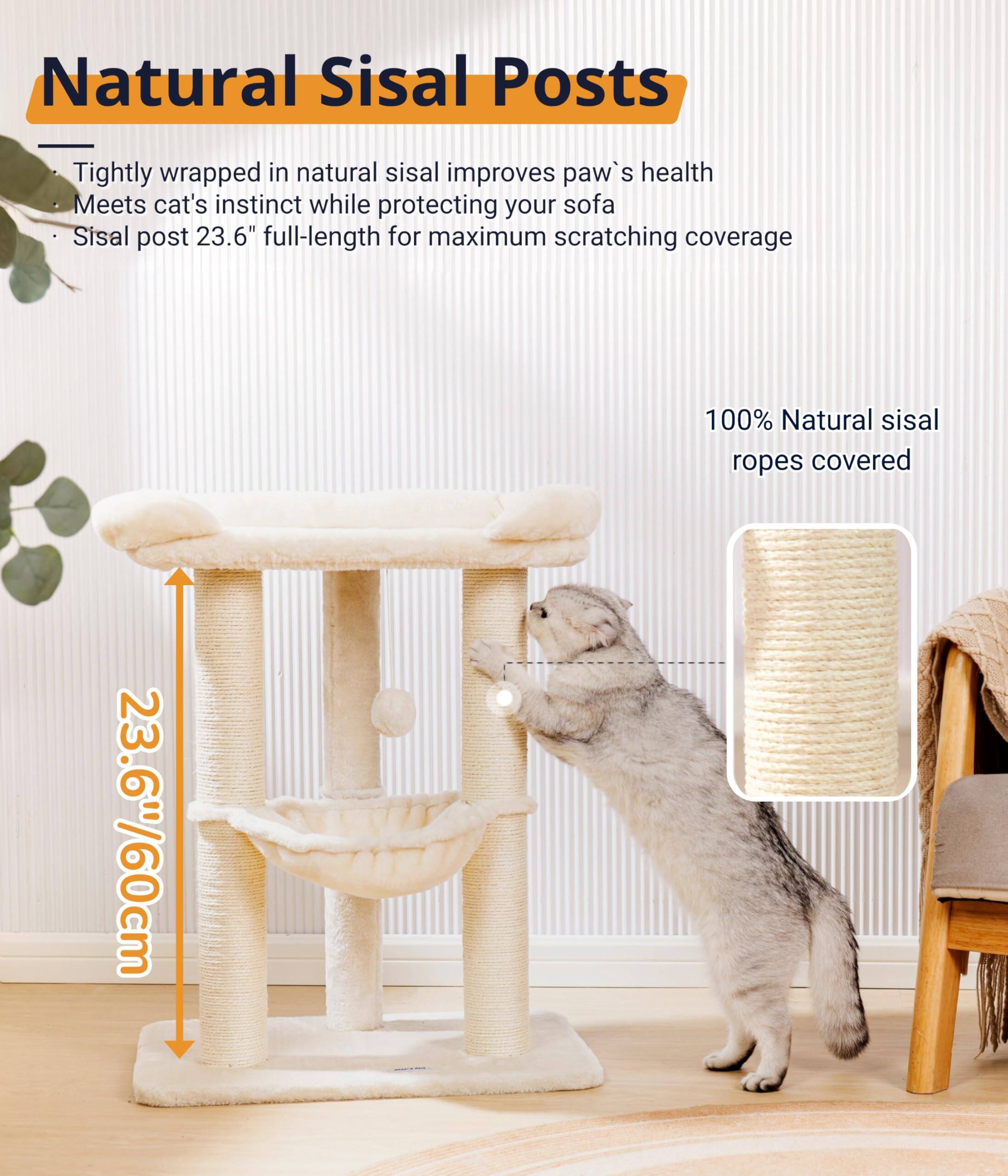 Natural Sisal Posts

- Tightly wrapped in natural sisal improves paw's health
- Meets cat's instinct while protecting your sofa
- Sisal post 23.6" full-length for maximum scratching coverage
- 100% Natural sisal ropes covered

23.6"/60cm