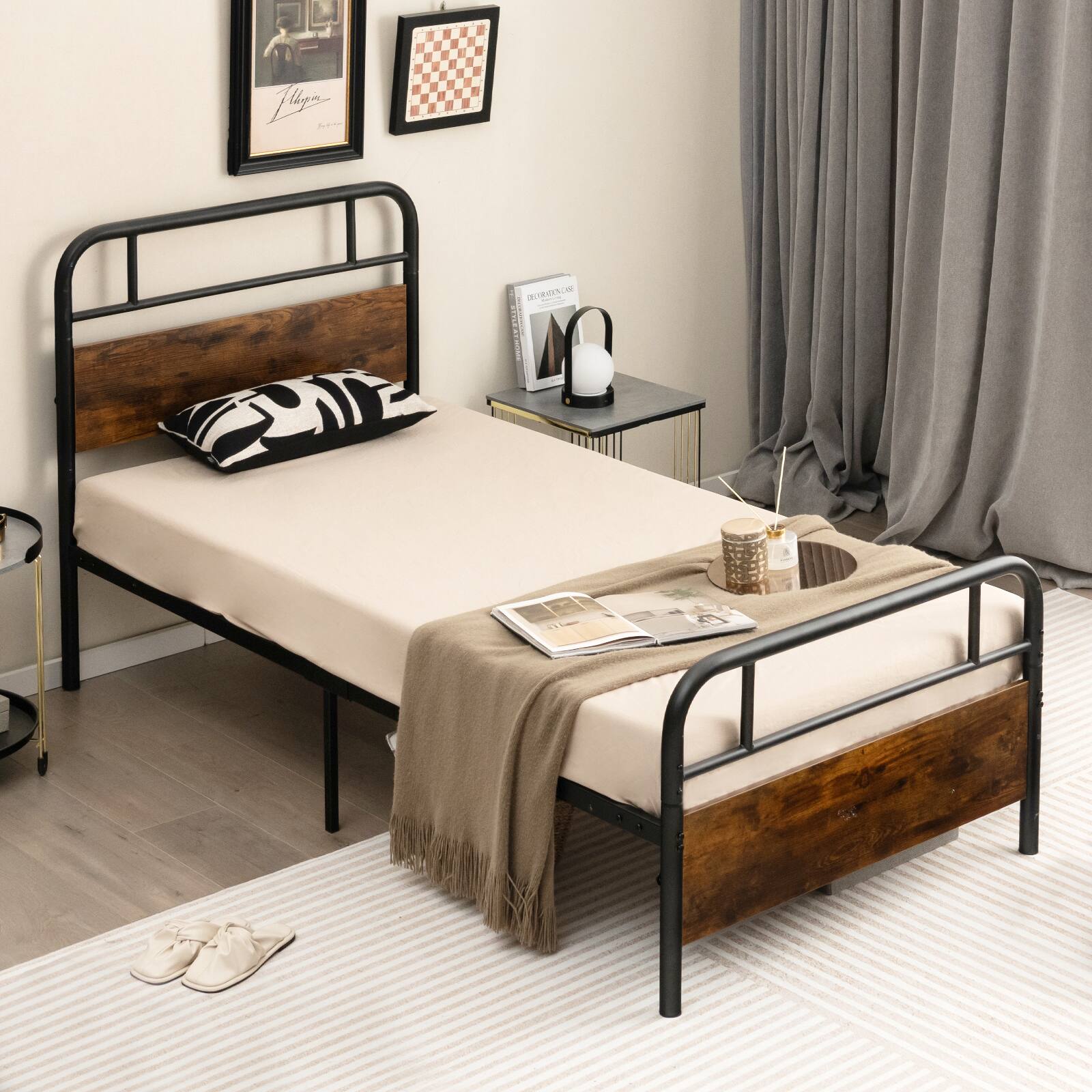 Alt View 7. Ecooso - Twin Size Bed Frame with Industrial Headboard - Brown & Black.