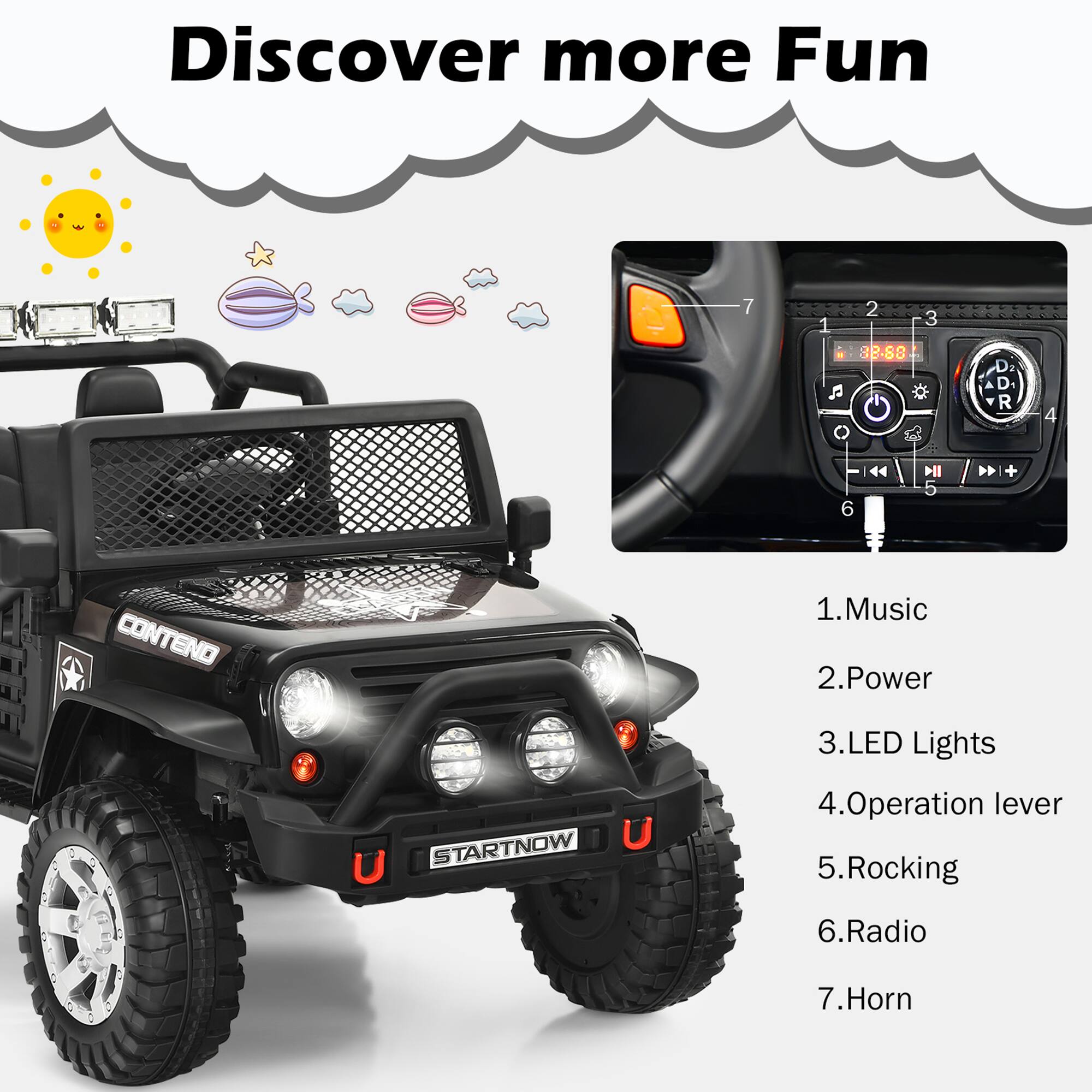 Discover more Fun

1. Music
2. Power
3. LED Lights
4. Operation lever
5. Rocking
6. Radio
7. Horn