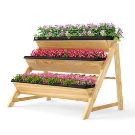 Costway - 3 Tier Wooden Vertical Raised Garden Bed w/Storage Shelf, Side Hook & Liners - Natural