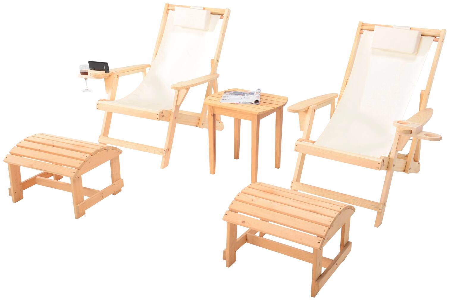 Front. Jiallo - Romantic Collection Canvas Sling Chair with Cup and Wine Holder and Ottoman (Set of 5) - Natural color with beige fabric.