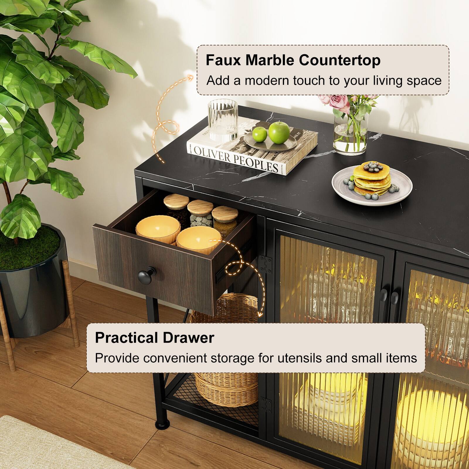 Faux Marble Countertop  
Add a modern touch to your living space  

Practical Drawer  
Provide convenient storage for utensils and small items
