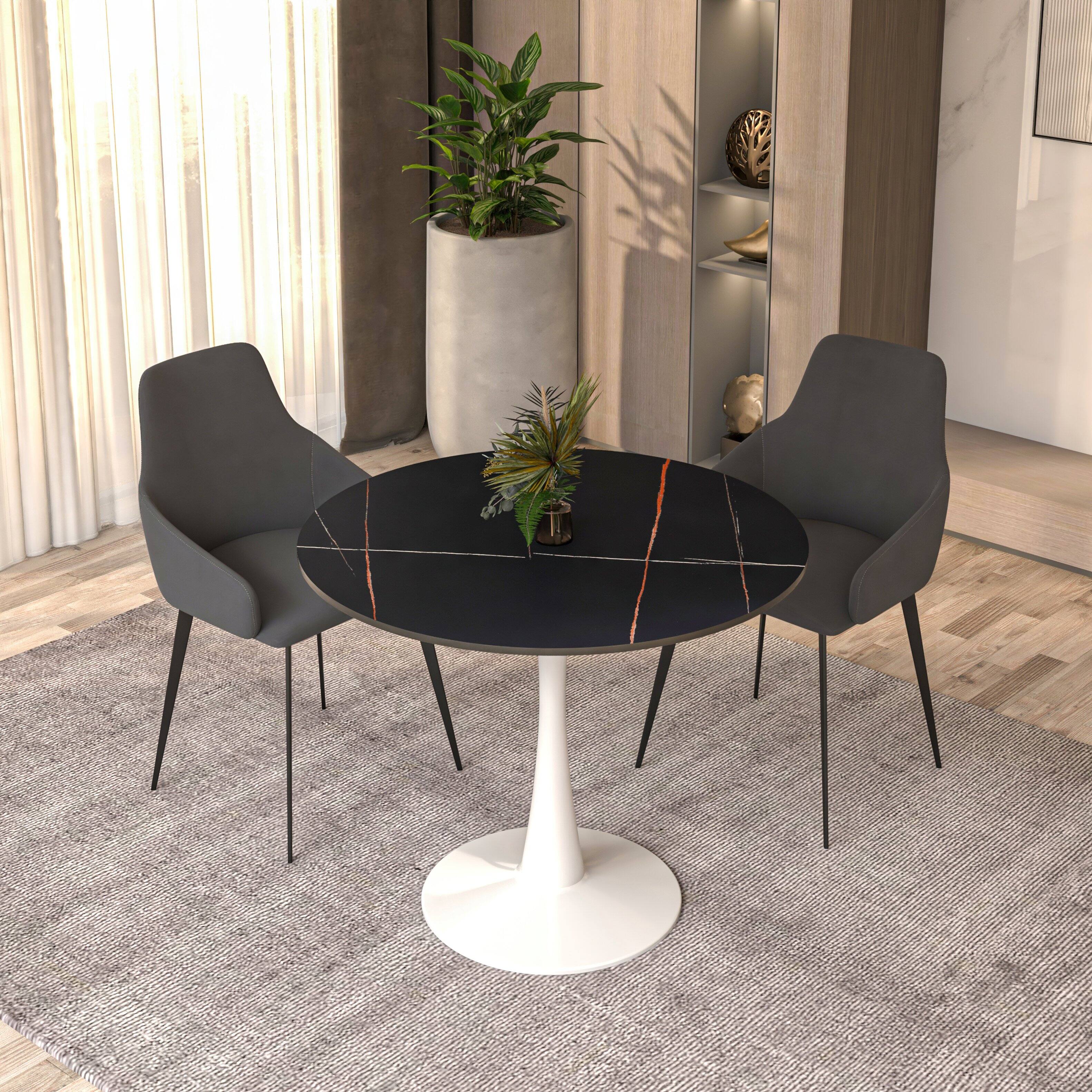 Left. LeisureMod - Bristol Modern 35" MDF/Stone Round Dining Table, Mid-Century with White Pedestal Base for Kitchen - Stone - Black.