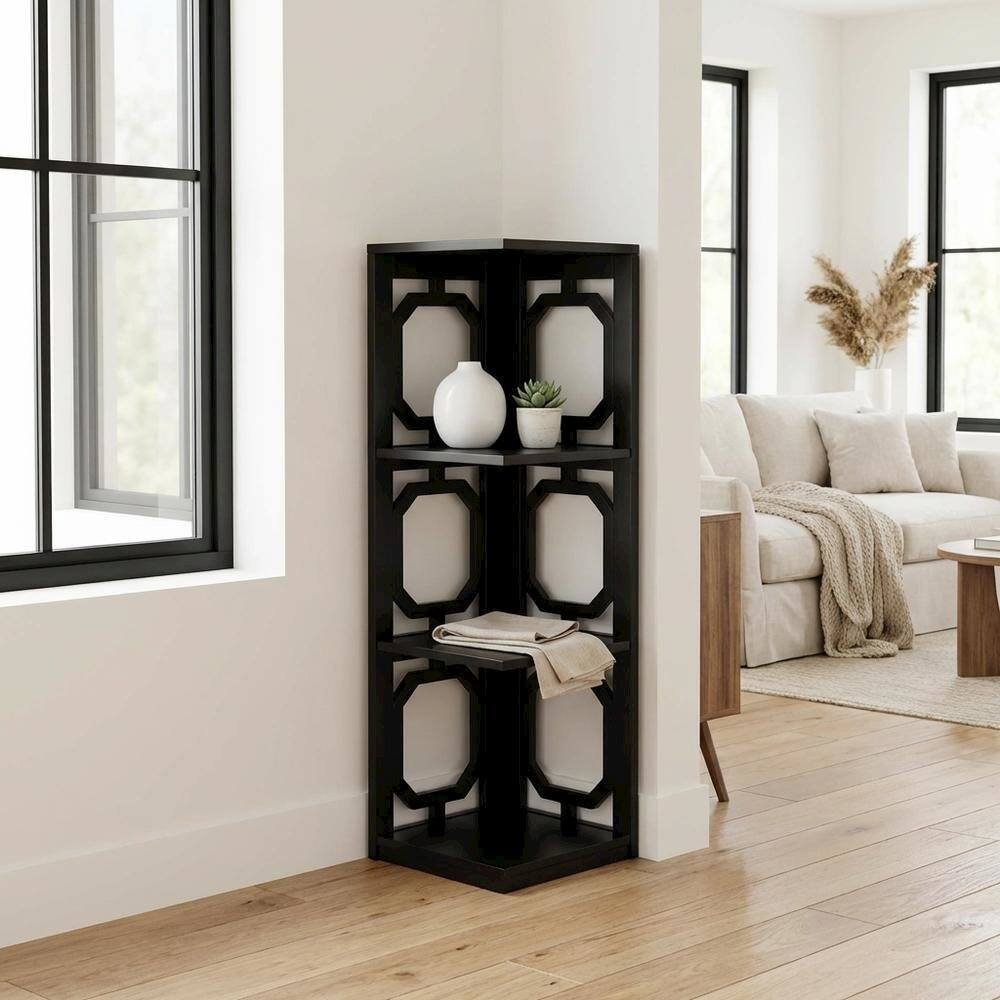 Alt View 2. FurniFact - Black 3-Tier Corner Bookcase with Space-Saving Design and Durable Finish - Black.
