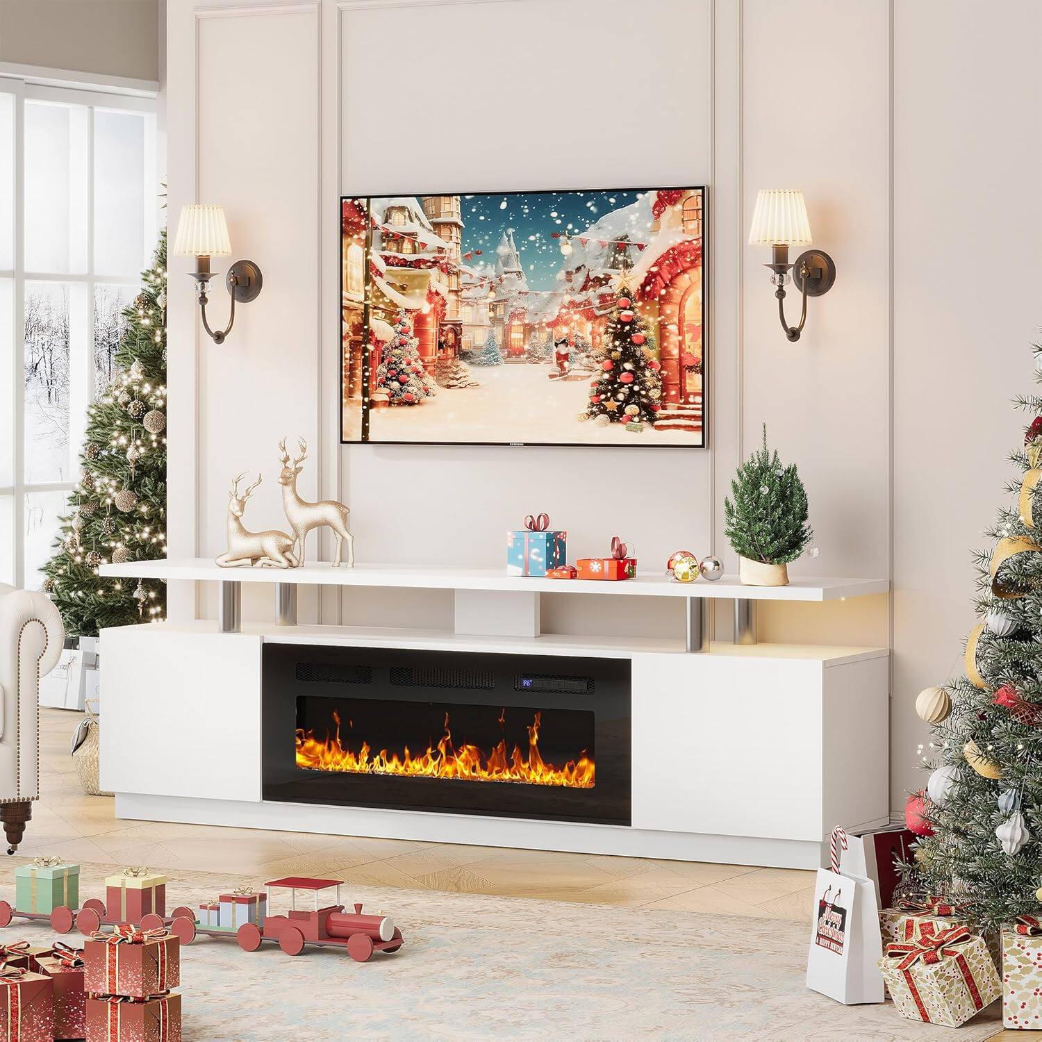 Qeetex - 36 Inch Electric Fireplace 70Inch 2-Tier TV Stand Entertainment Center with Fireplace for TVs Up