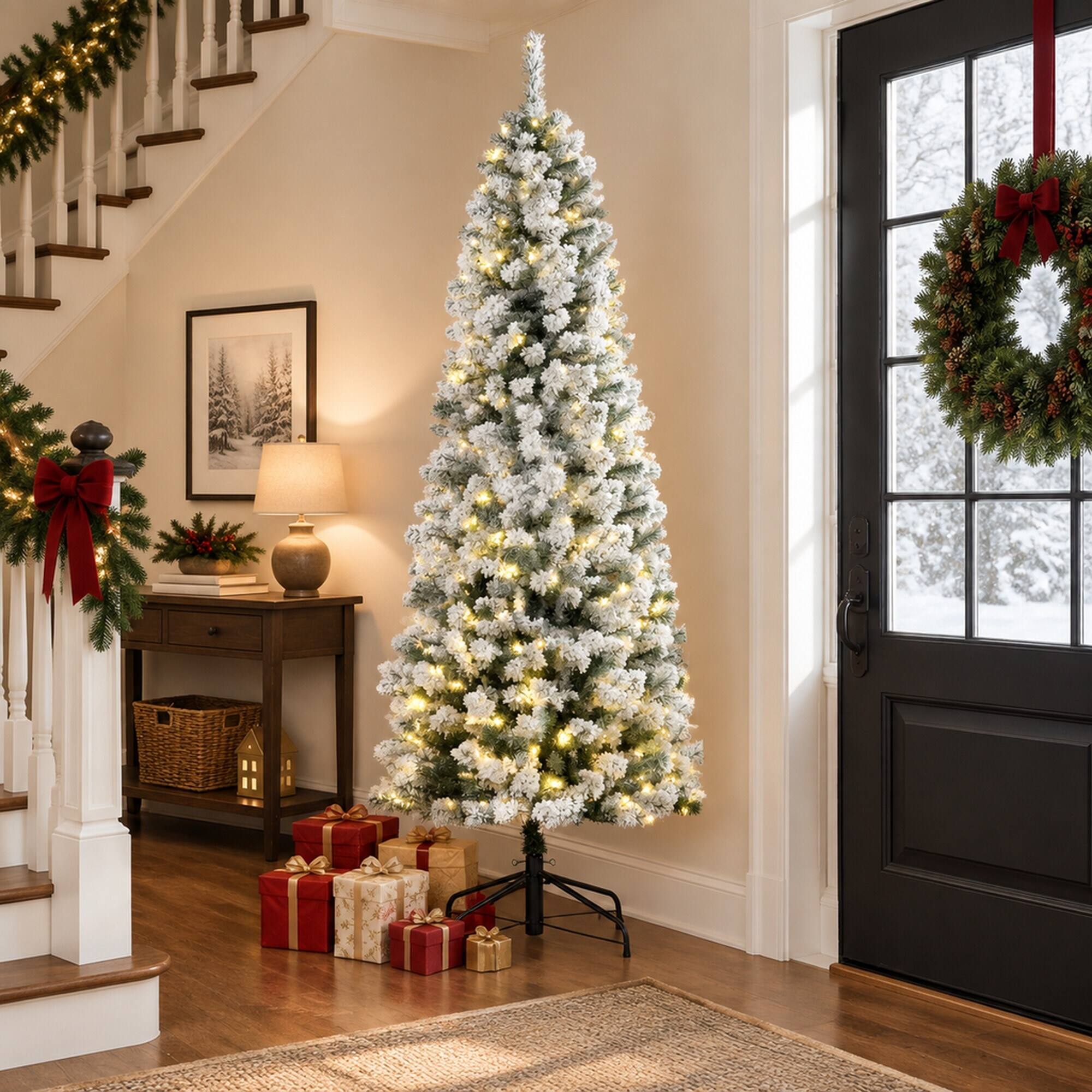 Alt View 1. RYHNUYNE - Artificial Fir Christmas Tree With Pre-Strung LED Lights, Realistic Hinged Branches Easy Assembly Holiday Decor - Green,White.