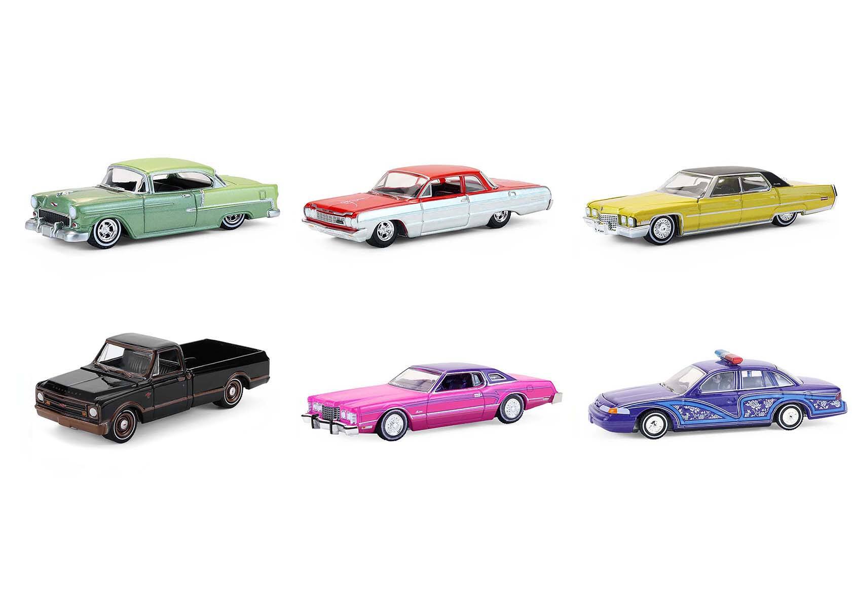 Angle. Greenlight - "California Lowriders" Series 7 Set of 6 pieces 1/64 Diecast Model Cars by Greenlight - Multi.