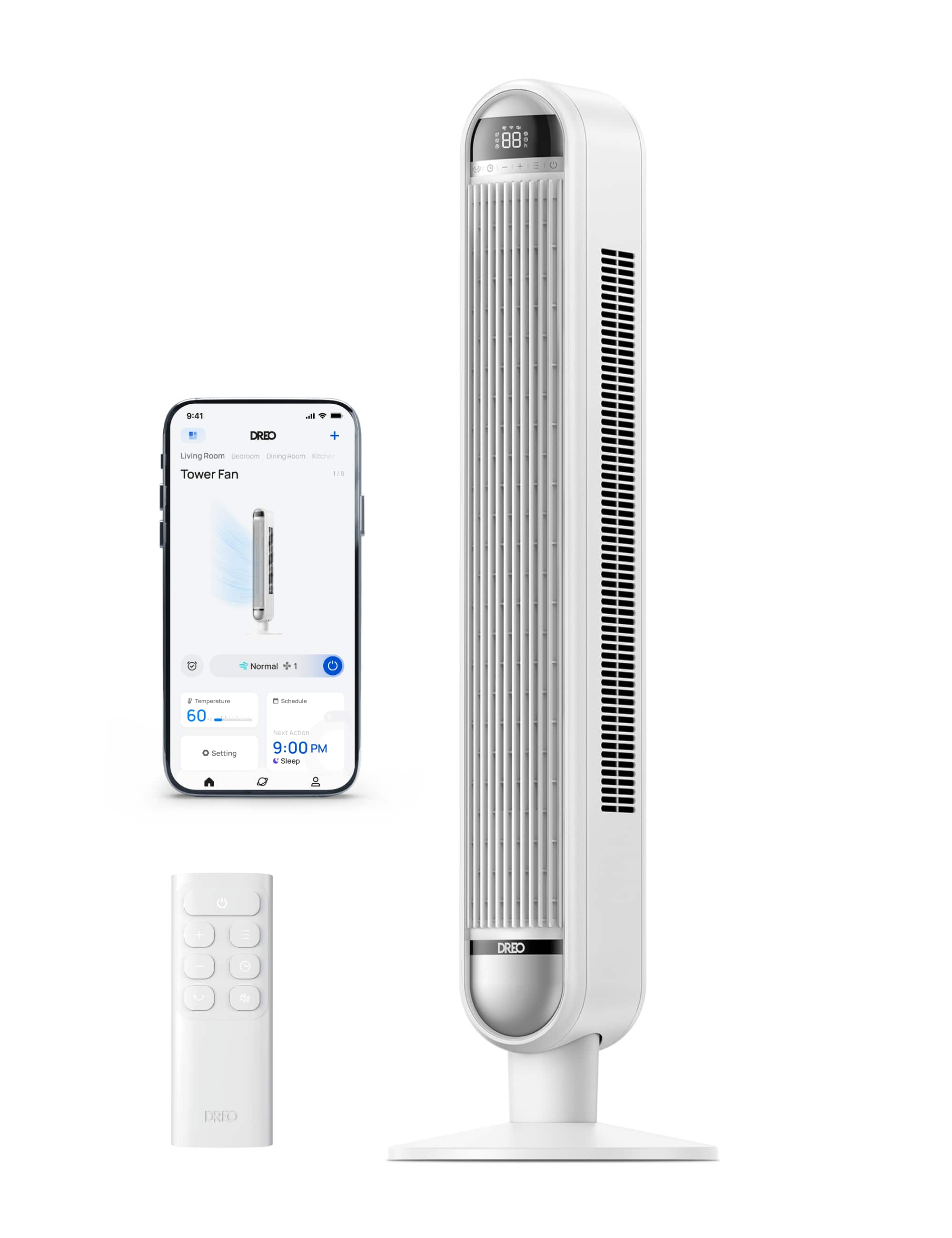 "88.41 DRED Living Breeze Tower Fan 1:1 dNorthern + 1 4 Temperature 60 Setting 5 Sleep + Eco DRED DREO"