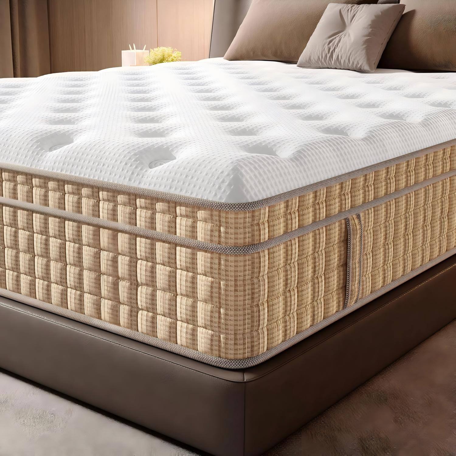 Alt View 1. Ecooso - 12" Queen Hybrid Mattress, Firm, 7-Zone Support, Extra Lumbar & Shoulder Support, Bed in a Box - Beige+White.
