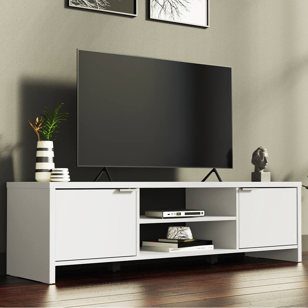 Angle. Madesa - Madesa TV Stand with 2 Cabinet Doors and Open Shelves 57"L Media Storage - White - White.